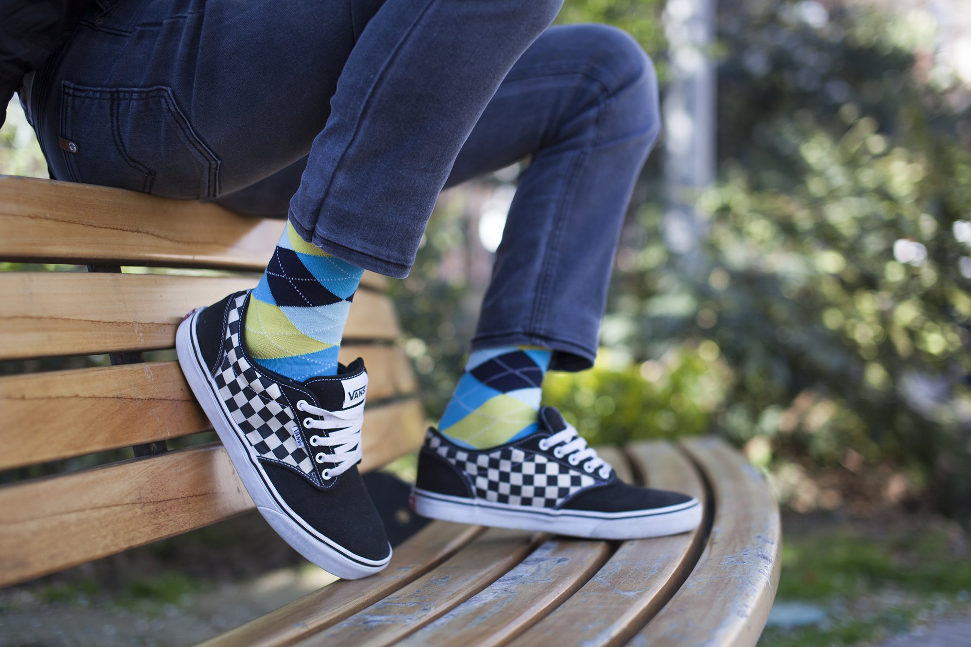 Men's Yellow Sky Argyle Socks featuring a vibrant yellow and blue pattern, perfect for adding a stylish touch to any outfit.