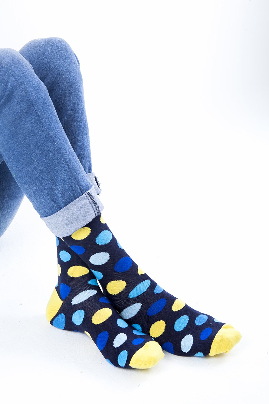 Men's Yellow Sky Dot Socks featuring a vibrant yellow color with playful dot patterns, made from soft Turkish cotton for comfort.