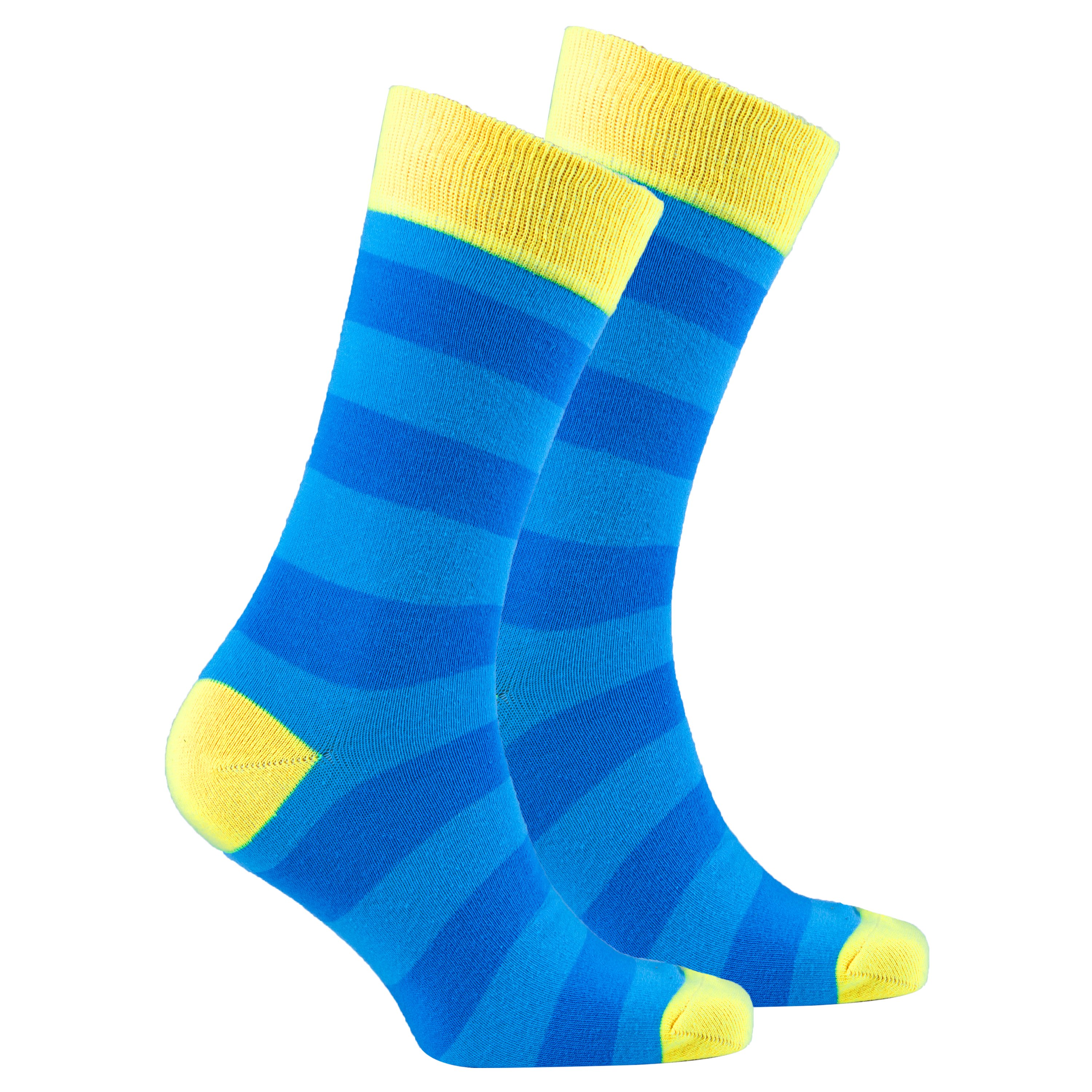 Men's Yellow Sky Stripe Socks featuring a vibrant yellow and blue striped design, made from soft Turkish cotton for comfort.