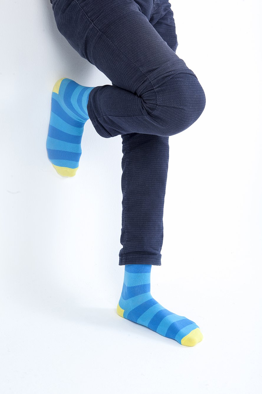 Men's Yellow Sky Stripe Socks featuring a vibrant yellow and blue striped design, made from soft Turkish cotton for comfort.