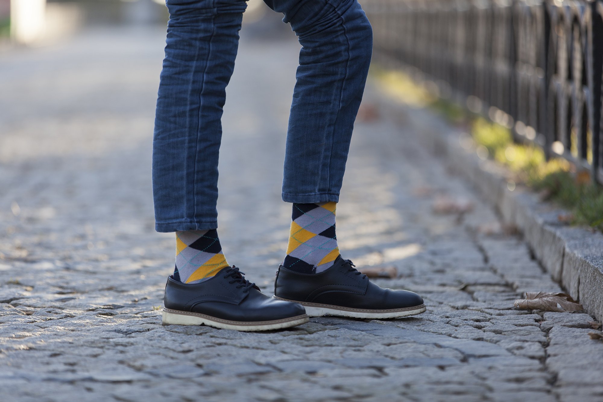 Men's Yellow Stone Argyle Socks featuring a vibrant design with a mix of yellow and stone colors, perfect for adding a stylish touch to any outfit.