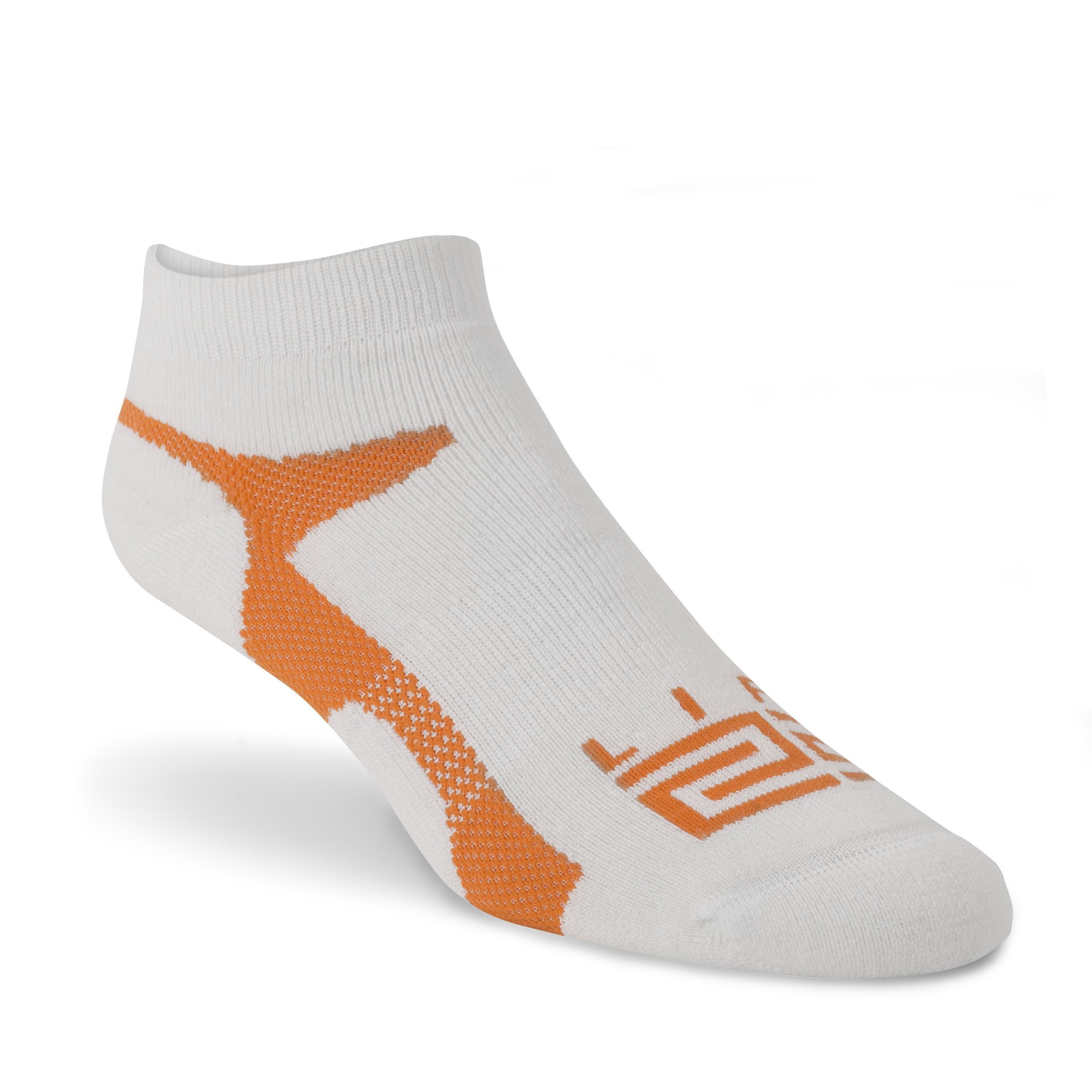 Merino Wool Athletic Peds socks in white and orange, featuring LIFT23 logo, designed for comfort and performance.