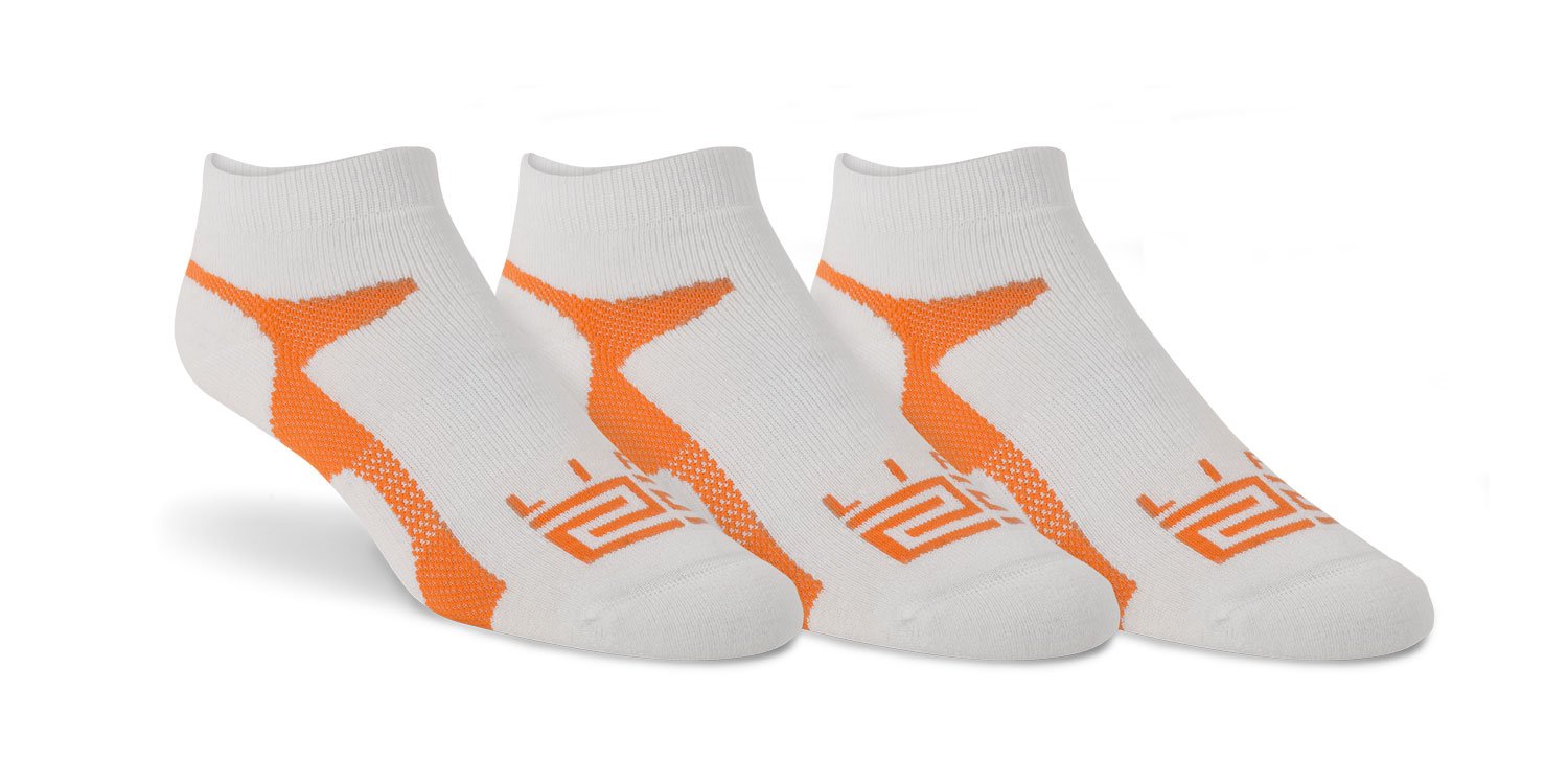 Merino Wool Athletic Peds socks in white and orange, featuring LIFT23 logo, designed for comfort and performance.