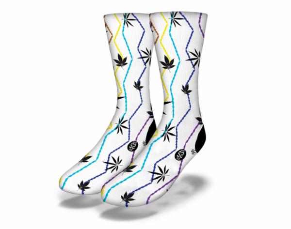 Colorful MIAMI VIBE 80s WEED socks featuring a vibrant pot leaf pattern, perfect for stoners and fun-loving individuals.