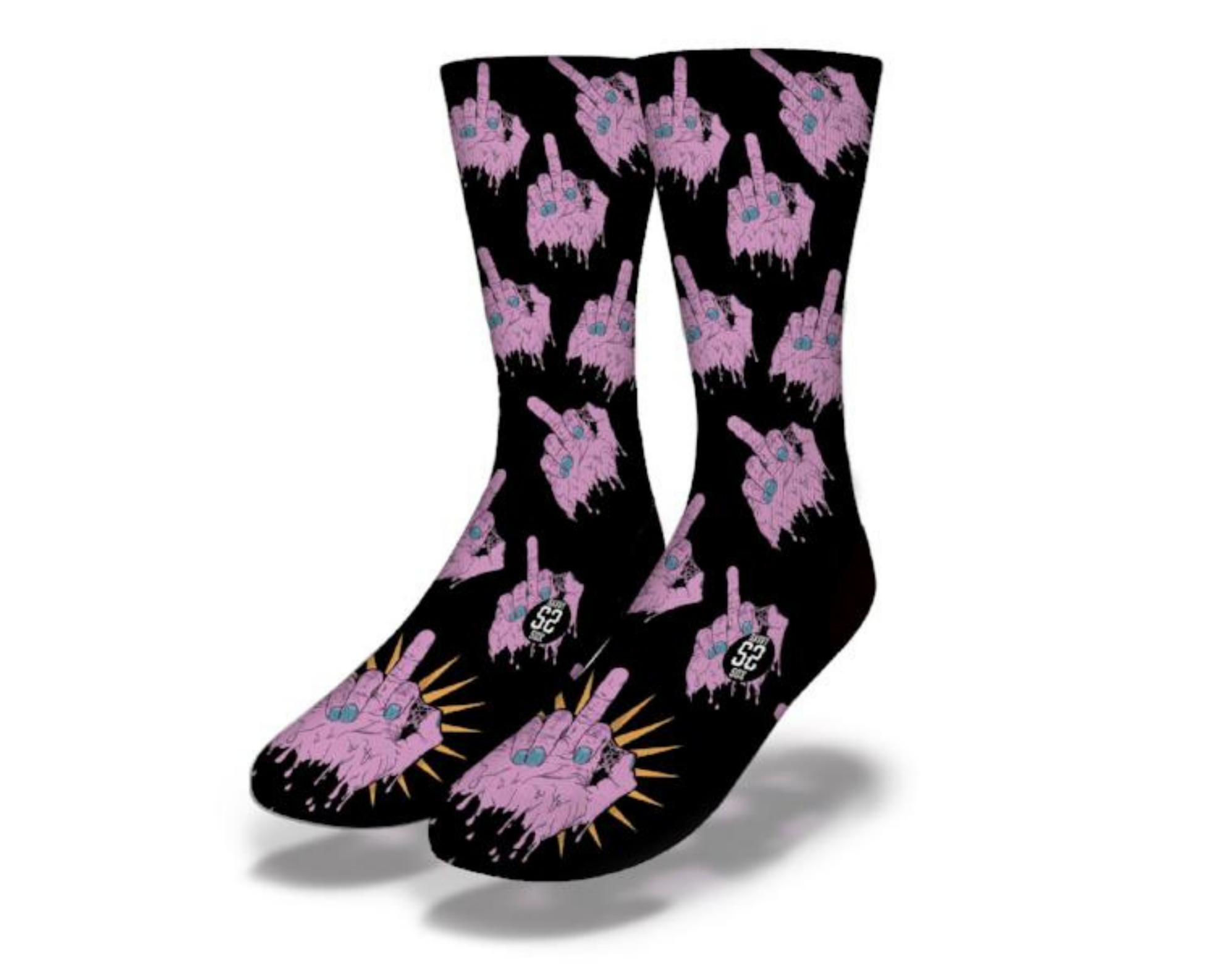 A pair of Middle Finger Zombie Socks featuring a playful zombie graphic and a cheeky middle finger gesture, designed for comfort and style.