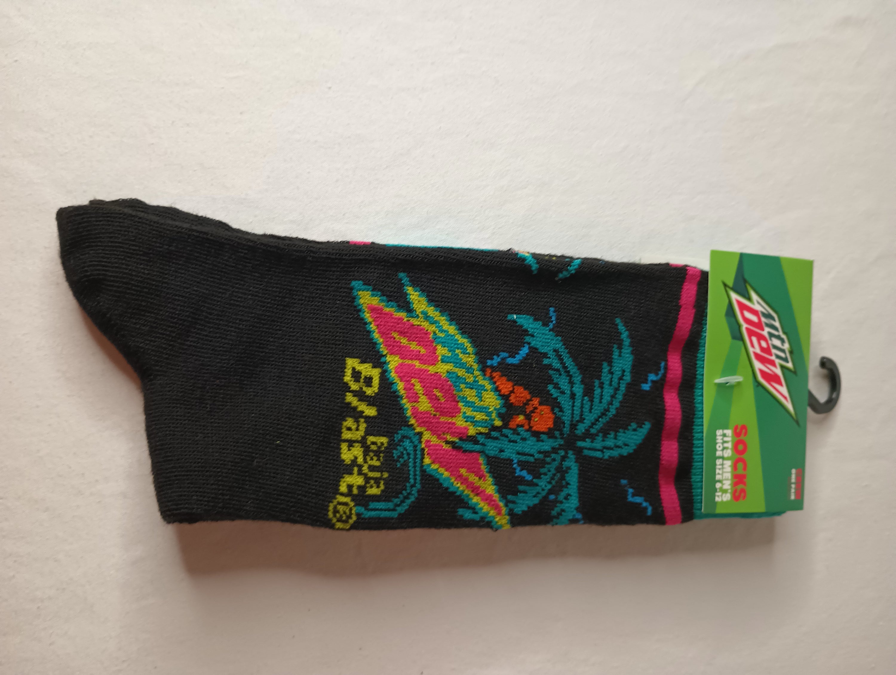 Mountain Dew Crew Socks in black with colorful accents, designed for men's shoe sizes 6-12.