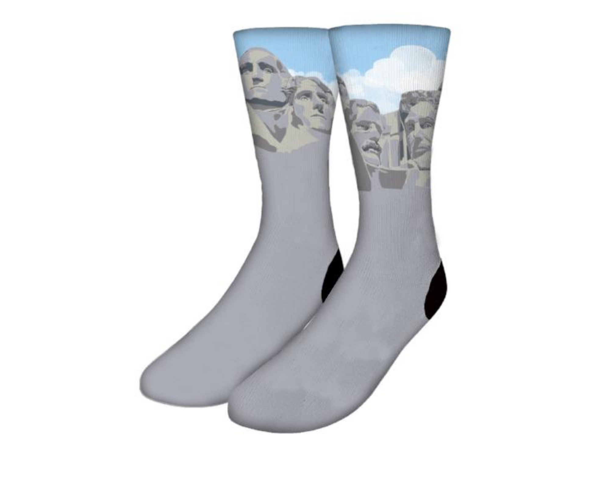 A pair of Mt. Rushmore socks featuring the faces of George Washington, Thomas Jefferson, Theodore Roosevelt, and Abraham Lincoln.