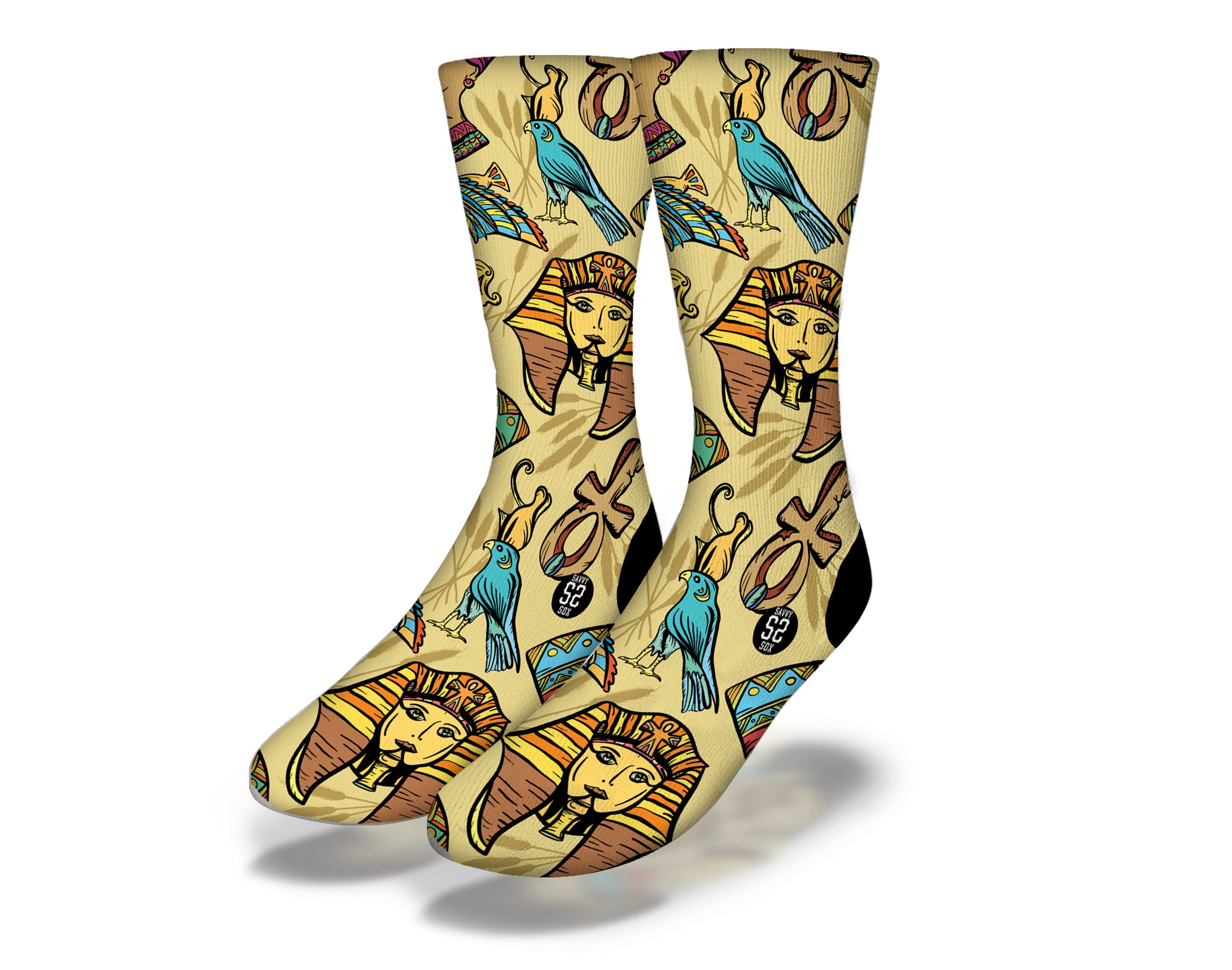 A pair of NEFERTITI EGYPTIAN PHAROAH'S QUEEN Fun World Socks featuring vibrant colors and intricate designs inspired by ancient Egyptian culture.