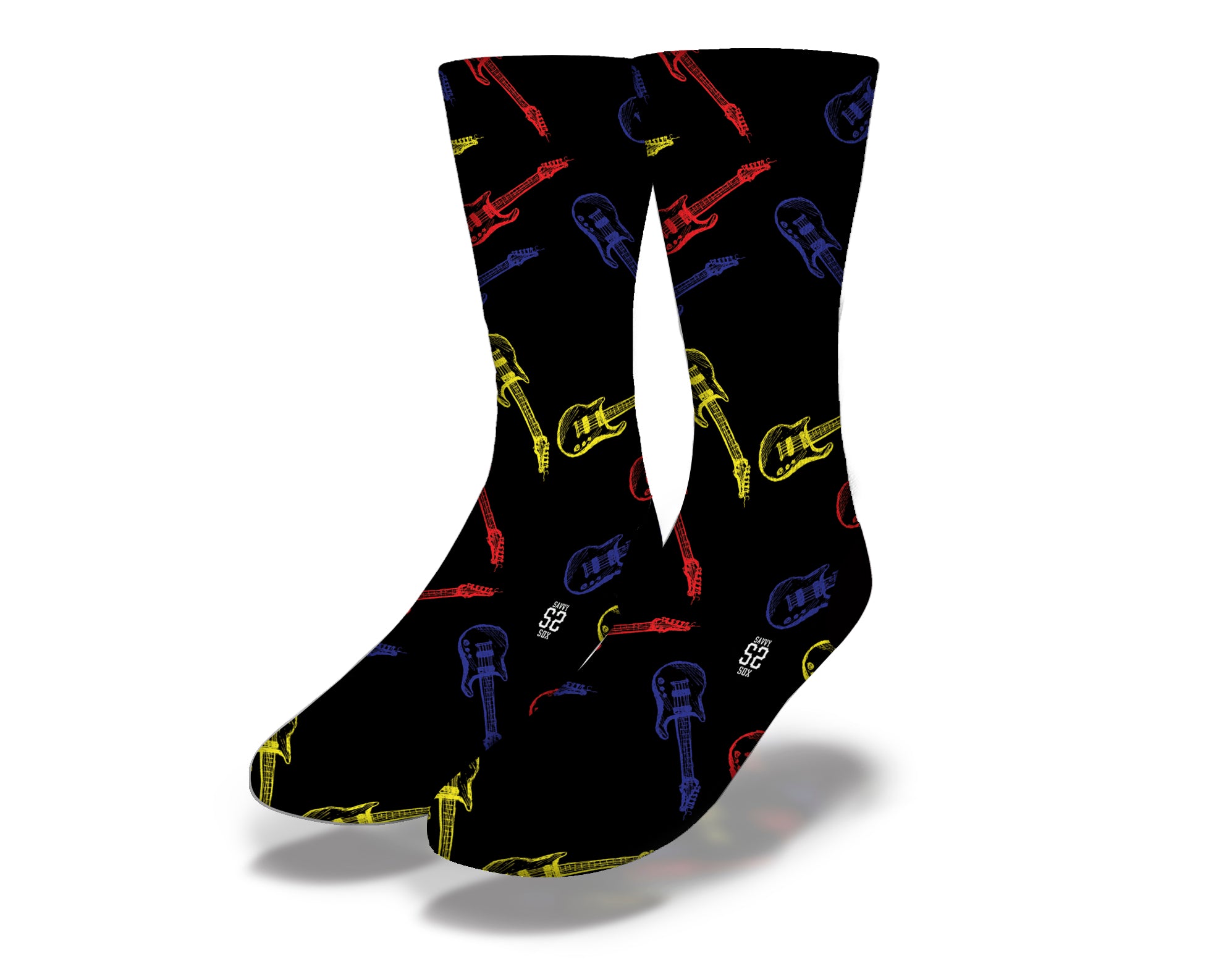 Colorful neon socks featuring guitar designs, perfect for music lovers.