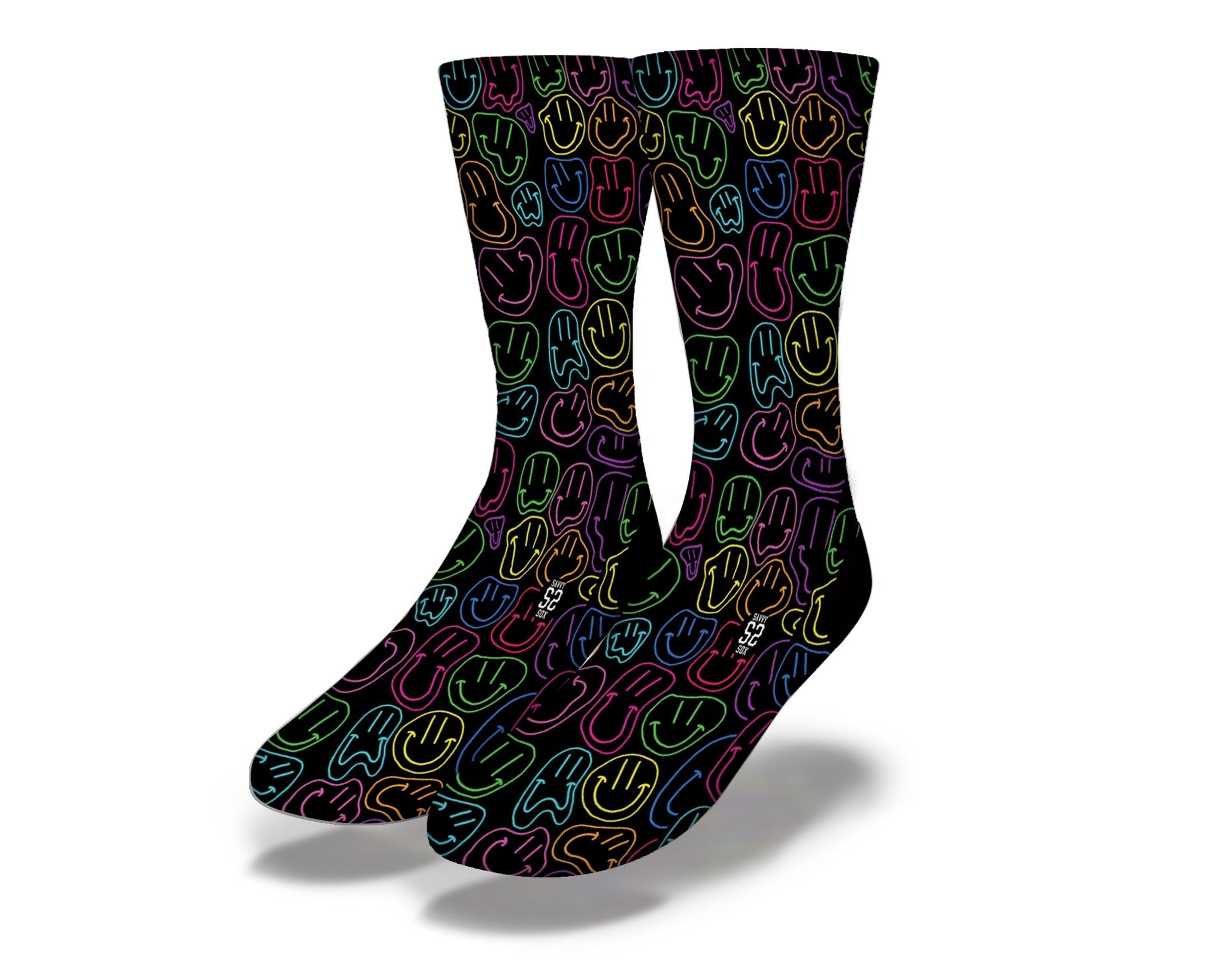 Colorful neon socks featuring a cheerful smiley face design, perfect for adding fun to any outfit.