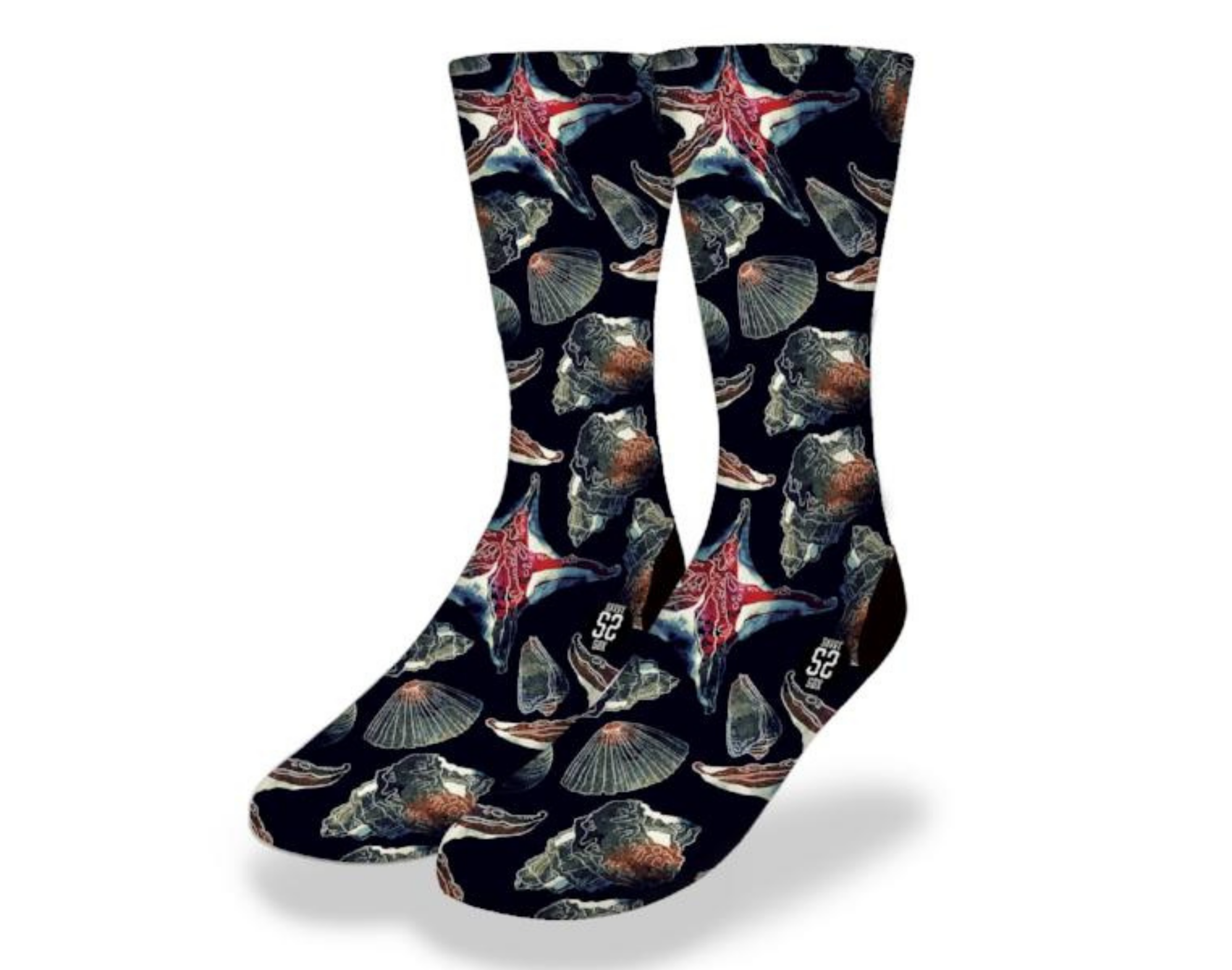 Colorful NIGHT SWIMMING SEA SHELLS socks featuring marine life designs including starfish, scallops, and clams, perfect for beach lovers.