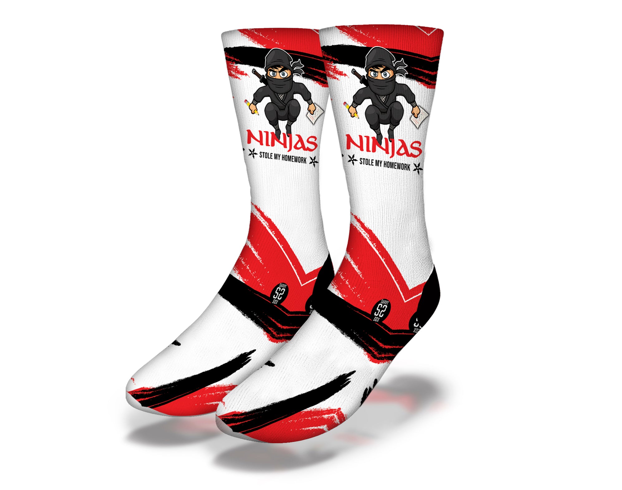 Colorful socks featuring a playful ninja design, perfect for kids and adults.