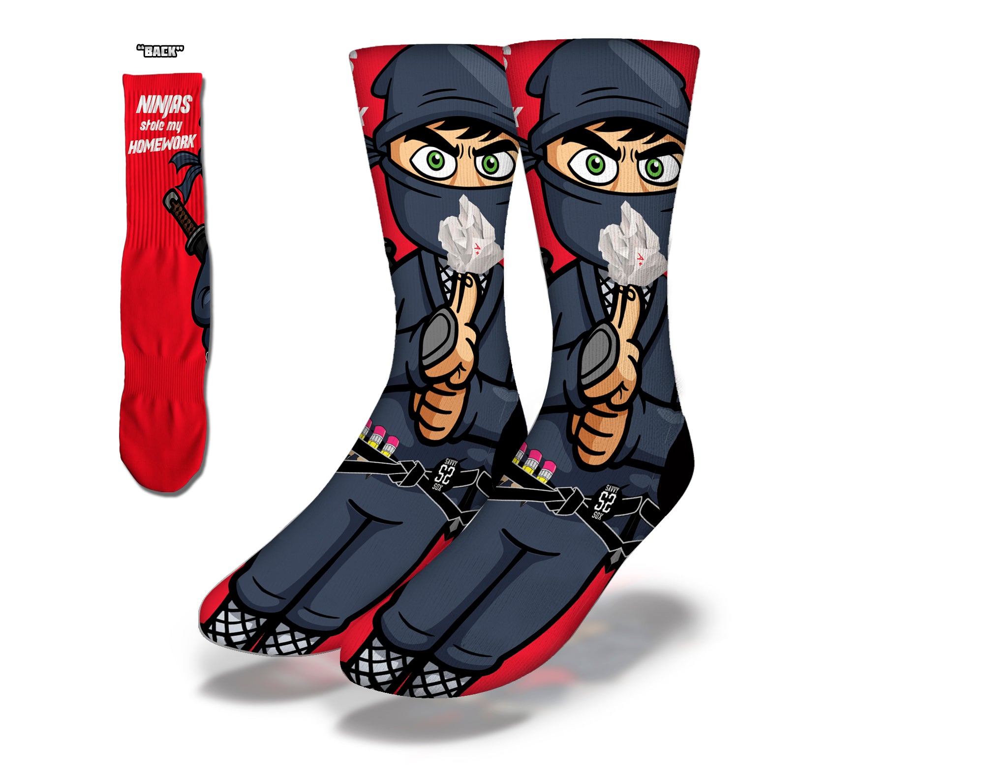 Colorful Ninja's Stole My Homework Socks 2 featuring playful ninja graphics, perfect for kids and adults.