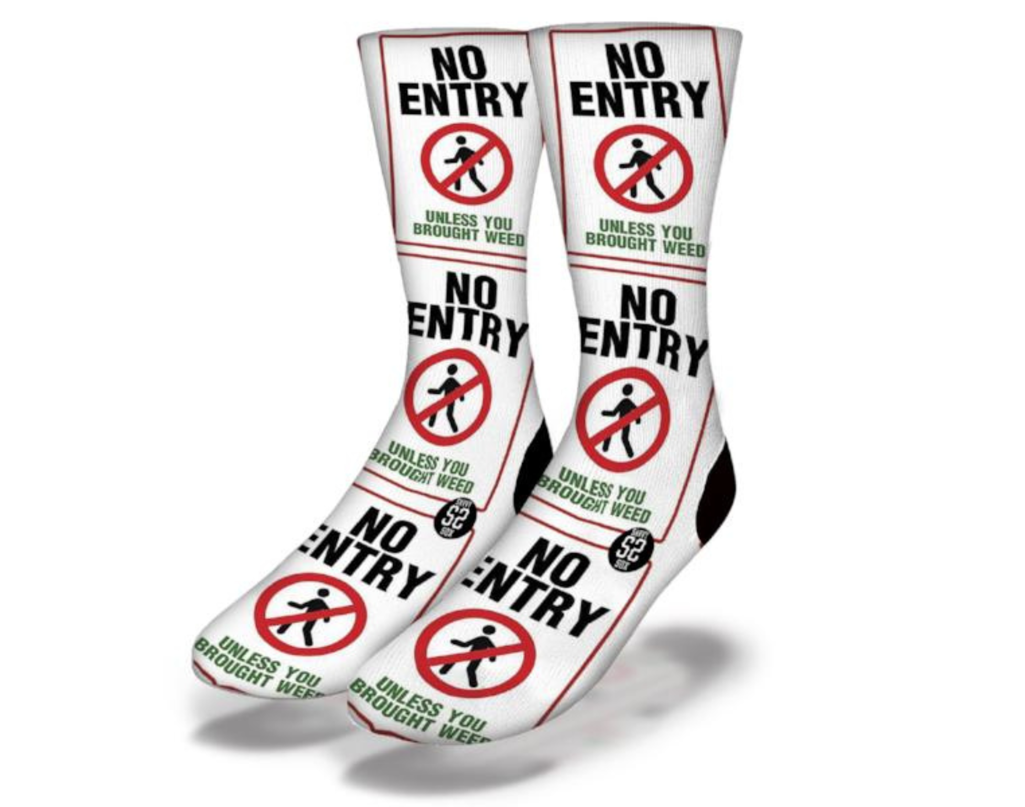 A pair of NO WEED NO ENTRY Funny Weed Socks featuring a vibrant cannabis-themed design, perfect for stoners and gag gifts.