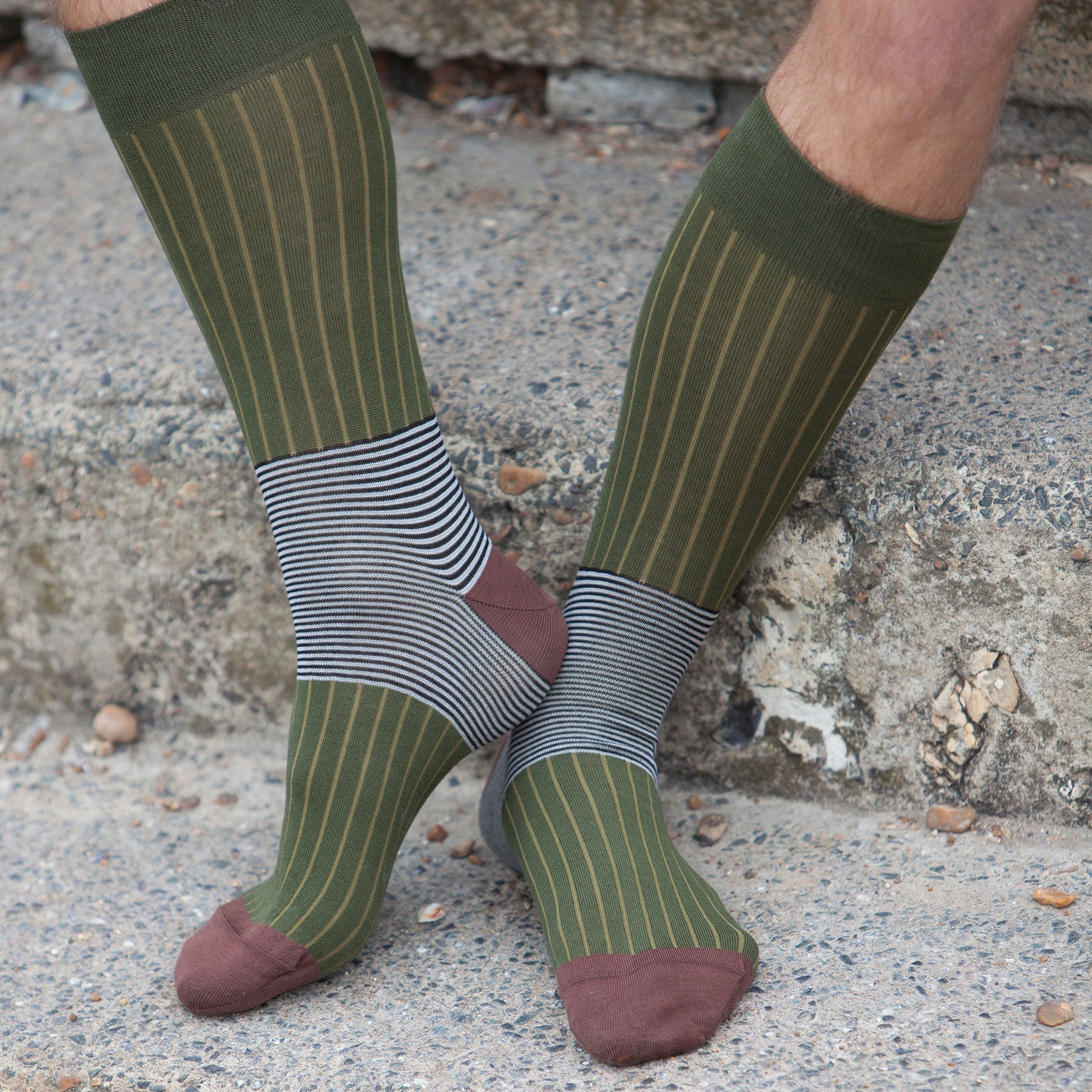 Sage Oxford Stripe men's socks featuring horizontal stripes in white and black with a brown heel and toe.