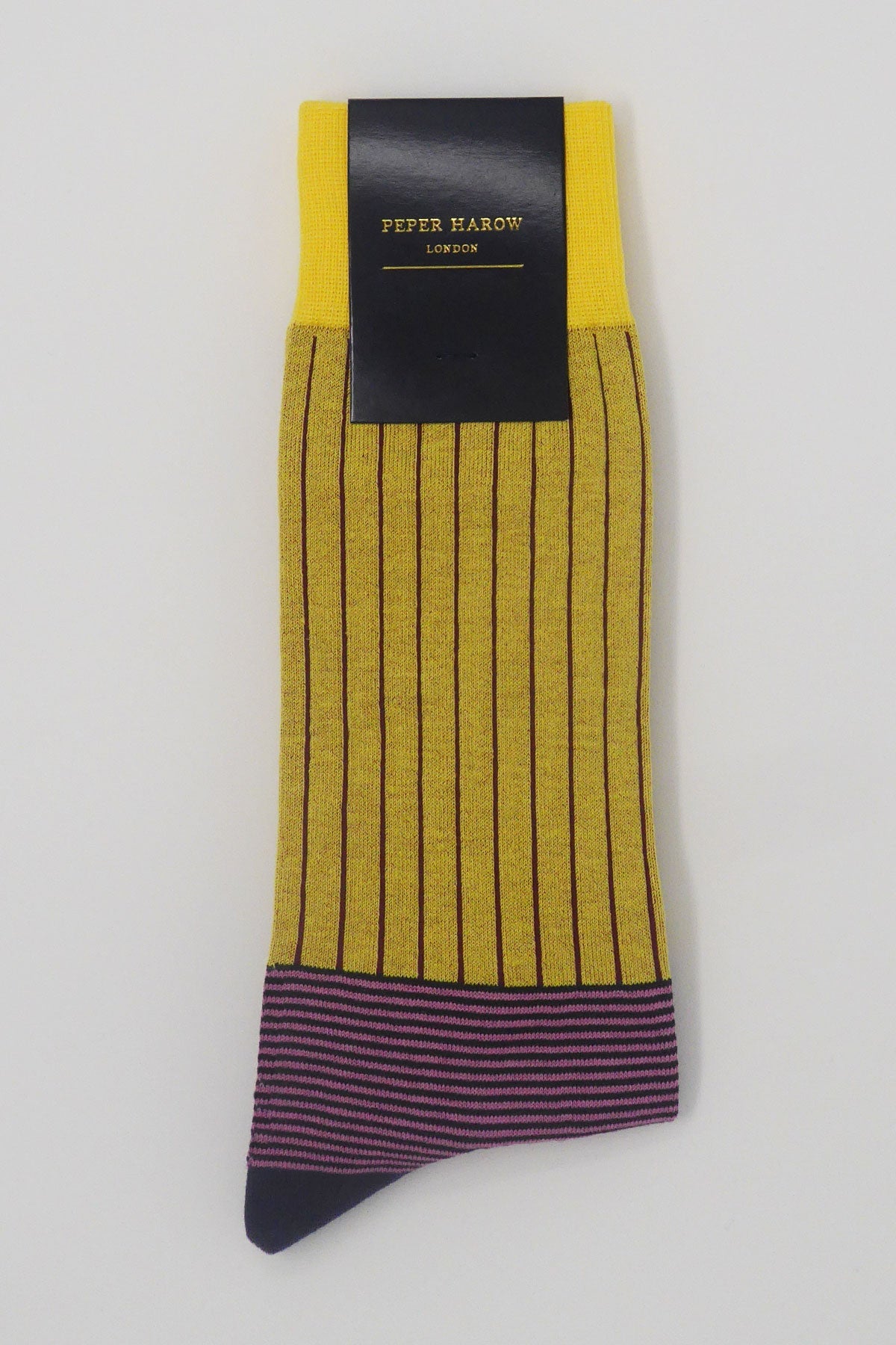 Yellow Oxford Stripe Men's Socks featuring navy heel and cuff with pink, black, and burgundy stripes, showcasing luxury and style.