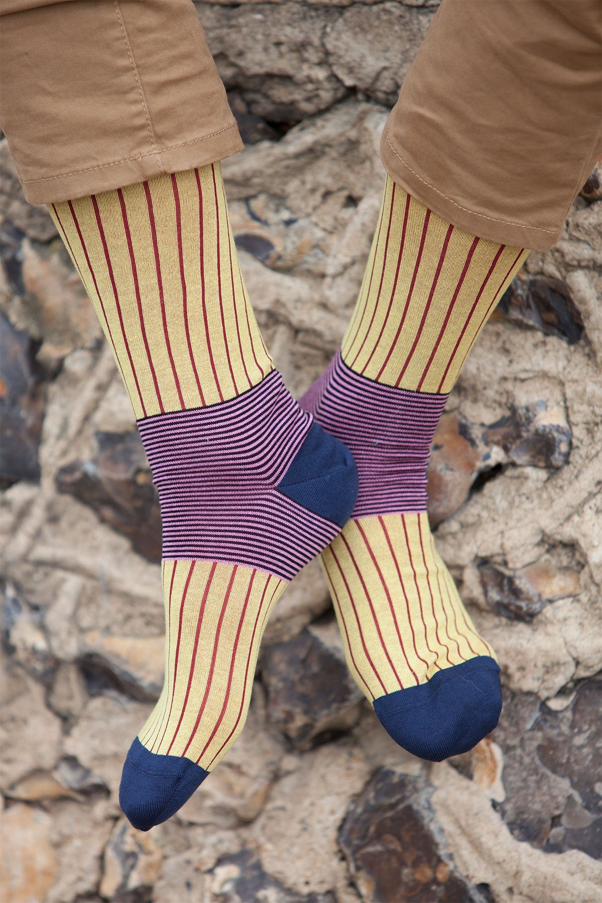 Yellow Oxford Stripe Men's Socks featuring navy heel and cuff with pink, black, and burgundy stripes, showcasing luxury and style.