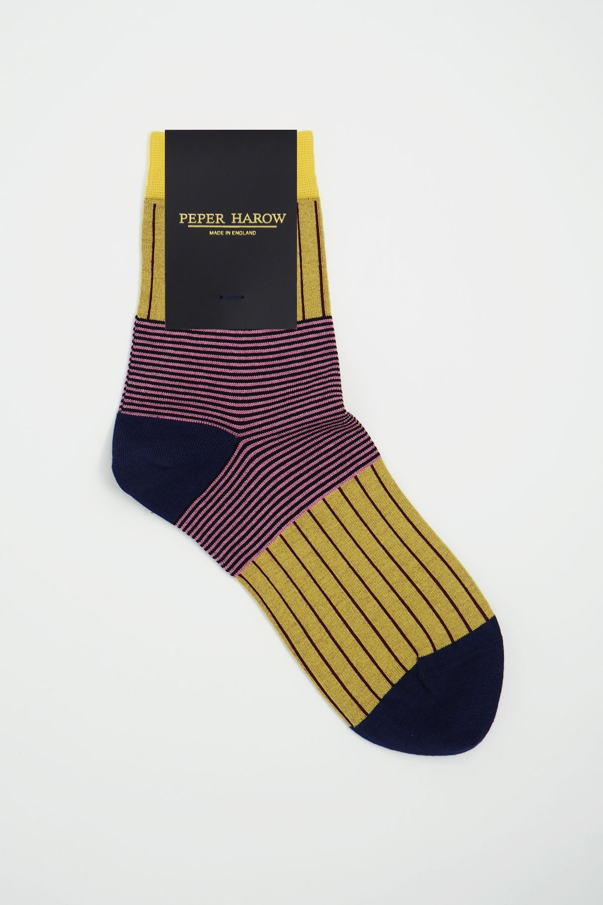 A pair of yellow Oxford Stripe Women's Socks featuring horizontal and vertical stripes, made from luxurious Mercerised Egyptian cotton.