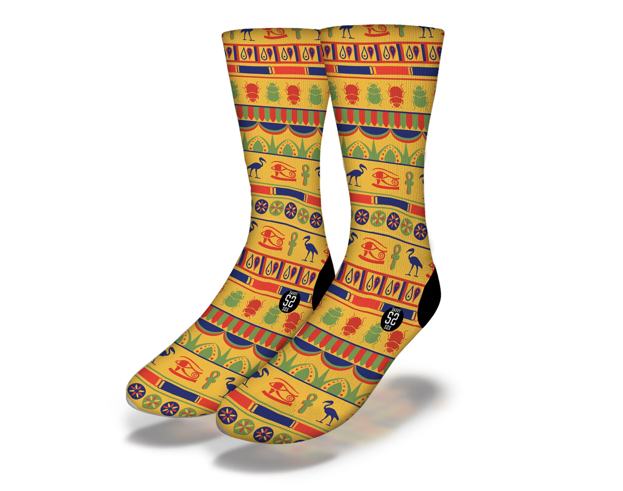 Colorful socks featuring painted Egyptian symbols and hieroglyphics, perfect for travel and cultural enthusiasts.