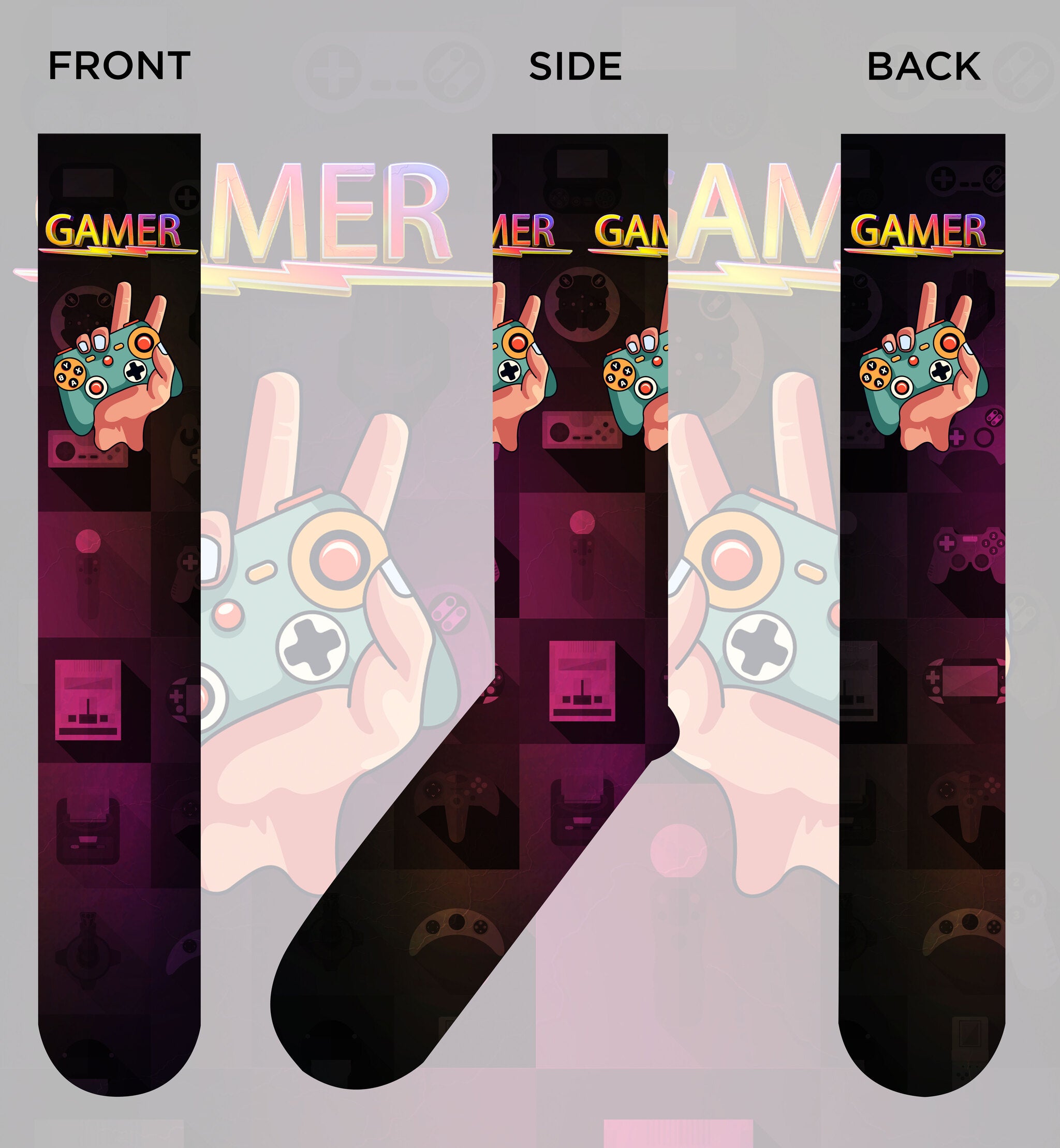 Colorful Peace Gamer socks featuring gaming-themed designs, perfect for gamers and board game enthusiasts.