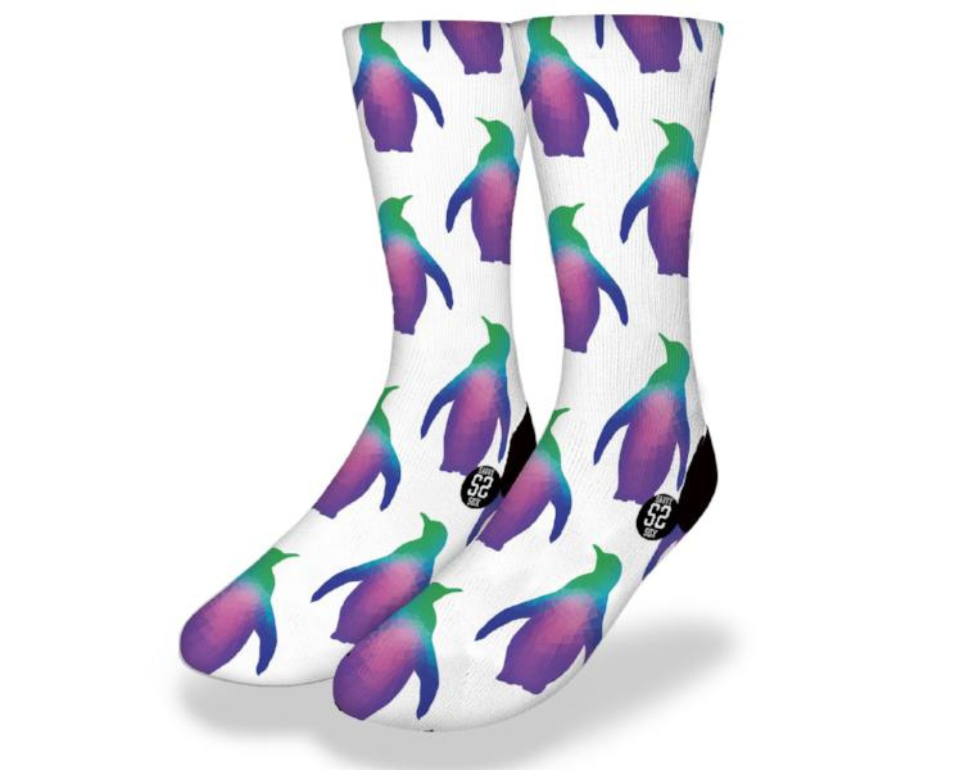 Colorful PENGUIN WATERCOLOR Cute Bird Socks featuring playful penguin design in purple, blue, and green watercolor blend.