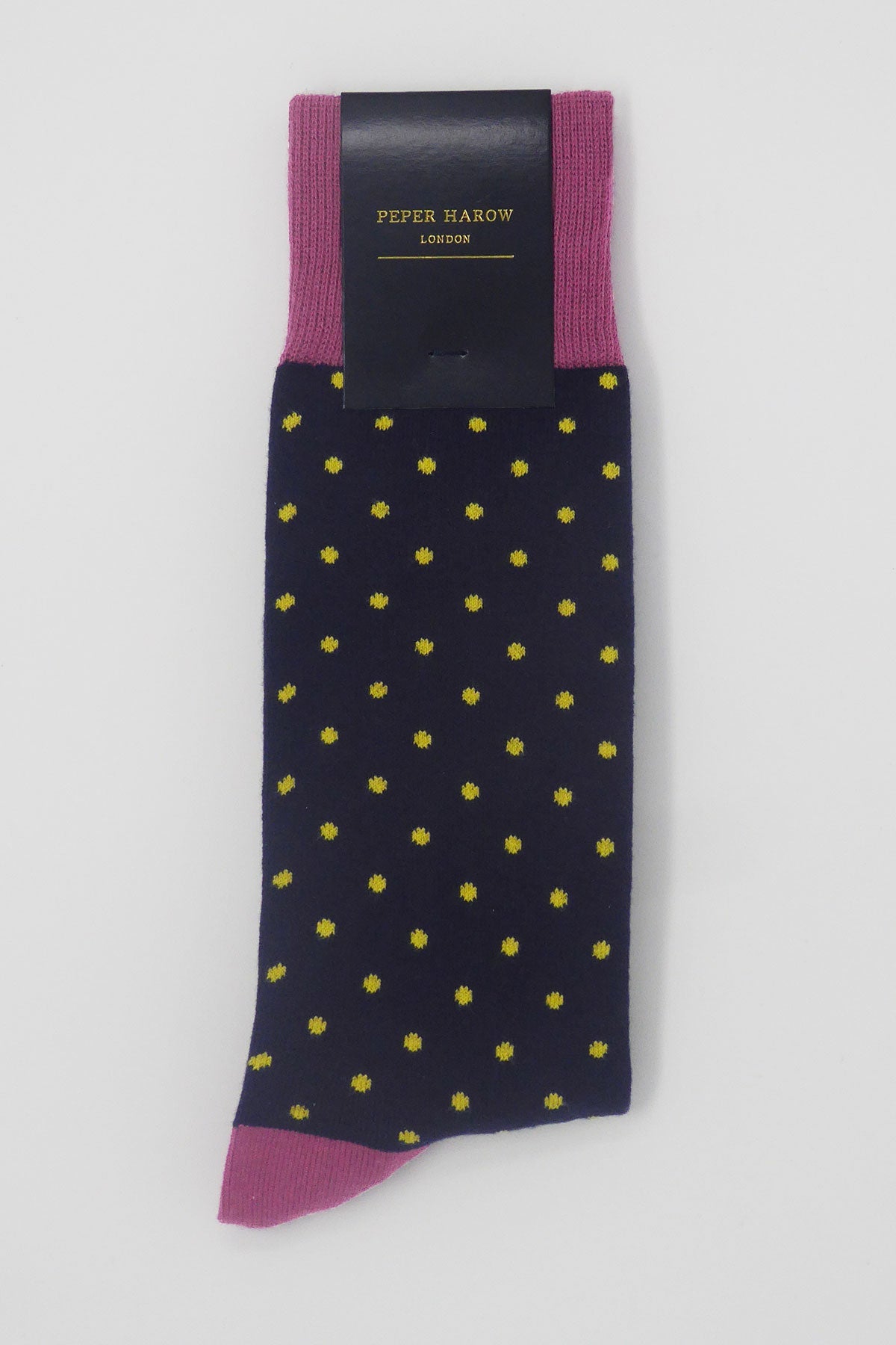 Pin Polka Men's Socks in Midnight featuring vibrant polka dots and contrasting cuff, heel, and toe, made from luxurious Supima cotton.