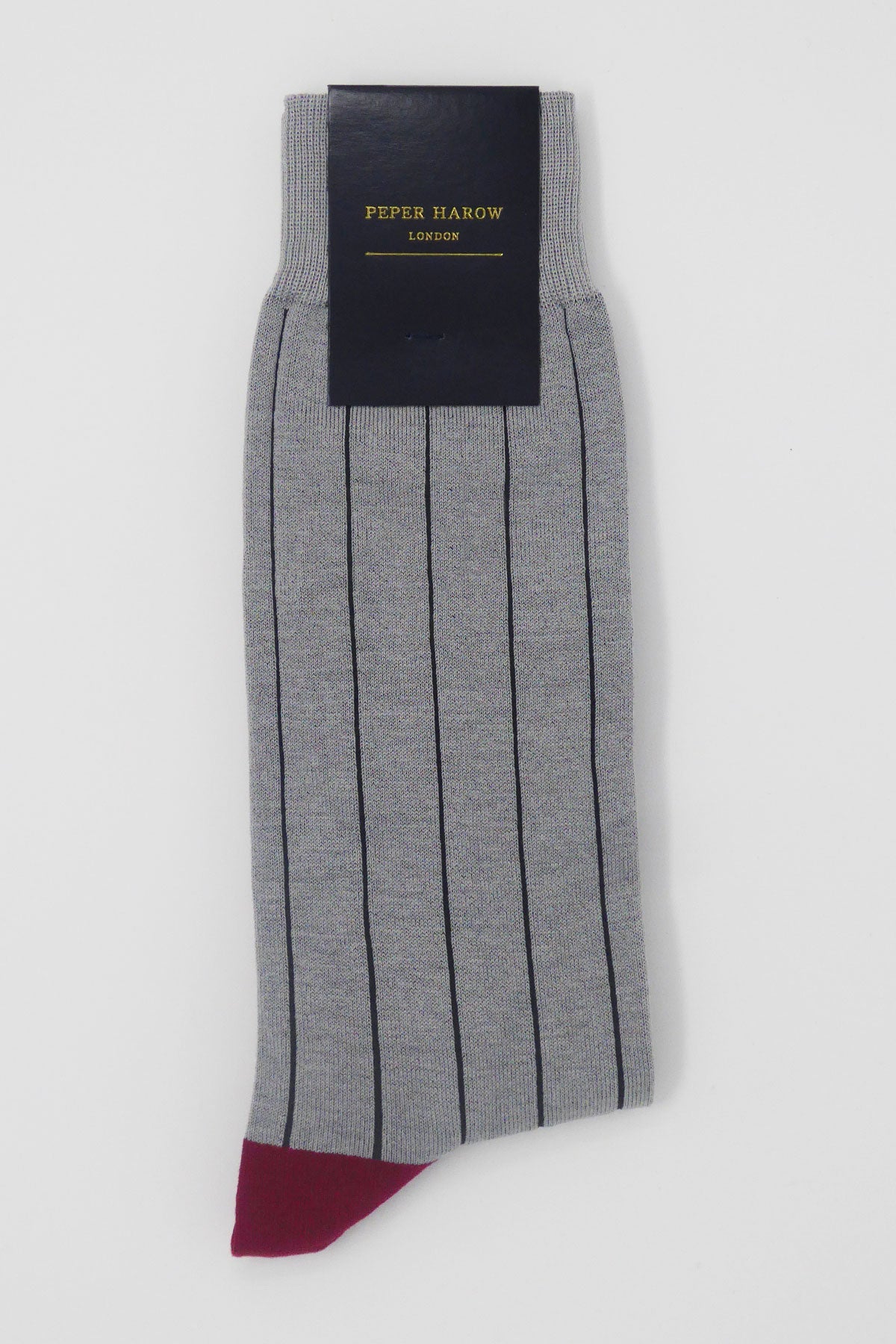 Luxury ash grey men's socks with black stripes and burgundy heel and toe, showcasing a seamless toe design.