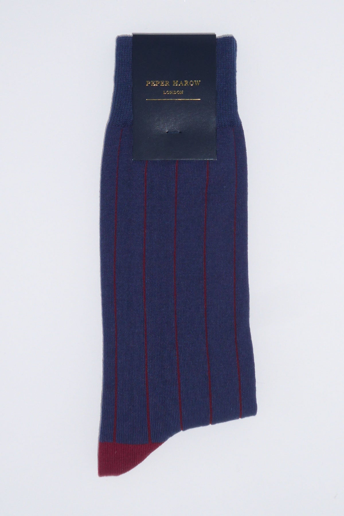 Navy Pin Stripe men's socks featuring burgundy stripes, heel, and toe, crafted from Mercerised Egyptian cotton.