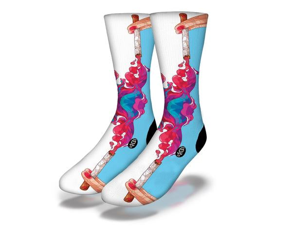 PINK PLUMES Fun Weed Socks featuring psychedelic pink smoke design, perfect for stoners and casual wear.