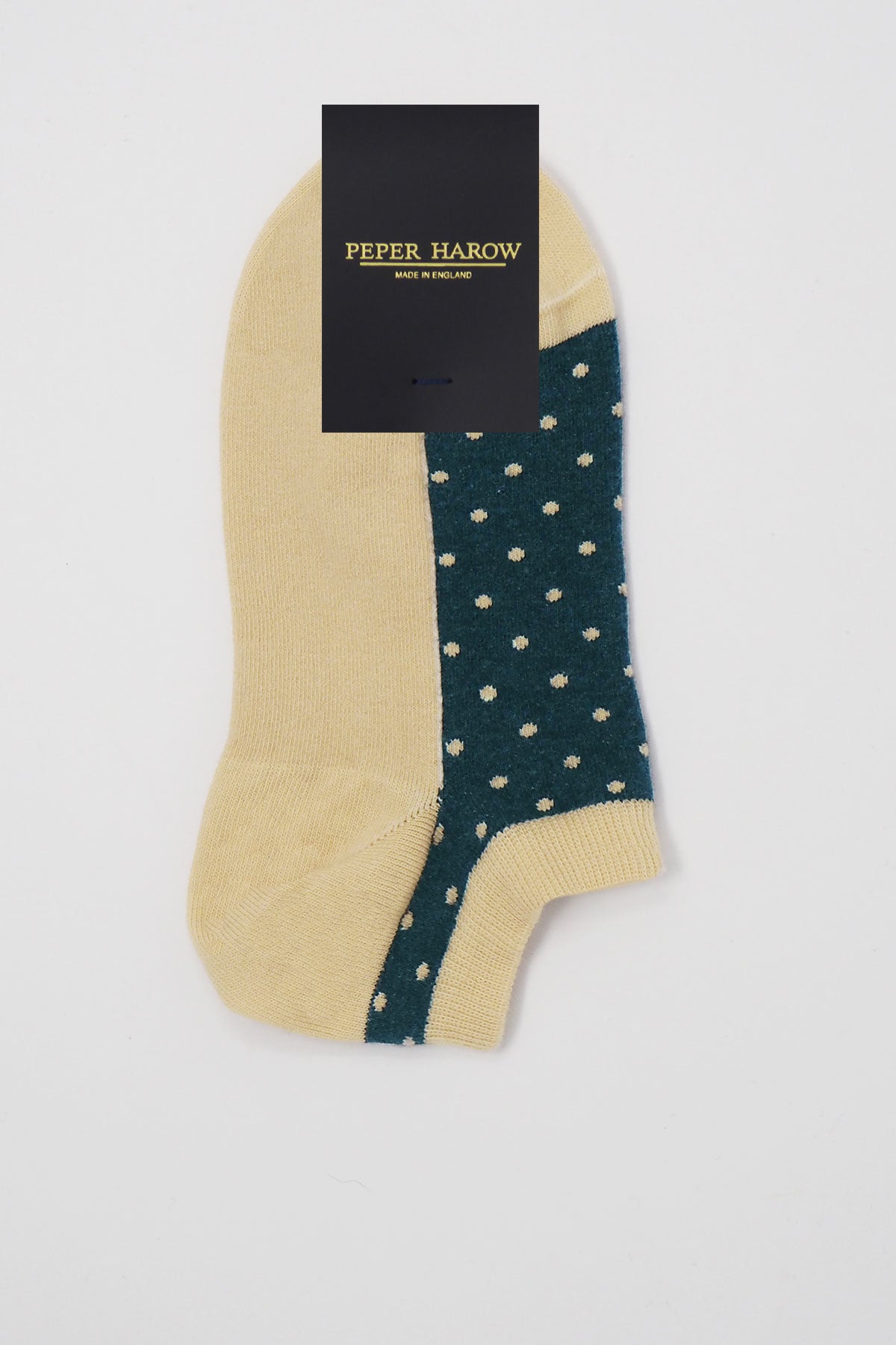 Polka Women's Organic Trainer Socks in beige with denim blue polka dots, showcasing a stylish and eco-friendly design.