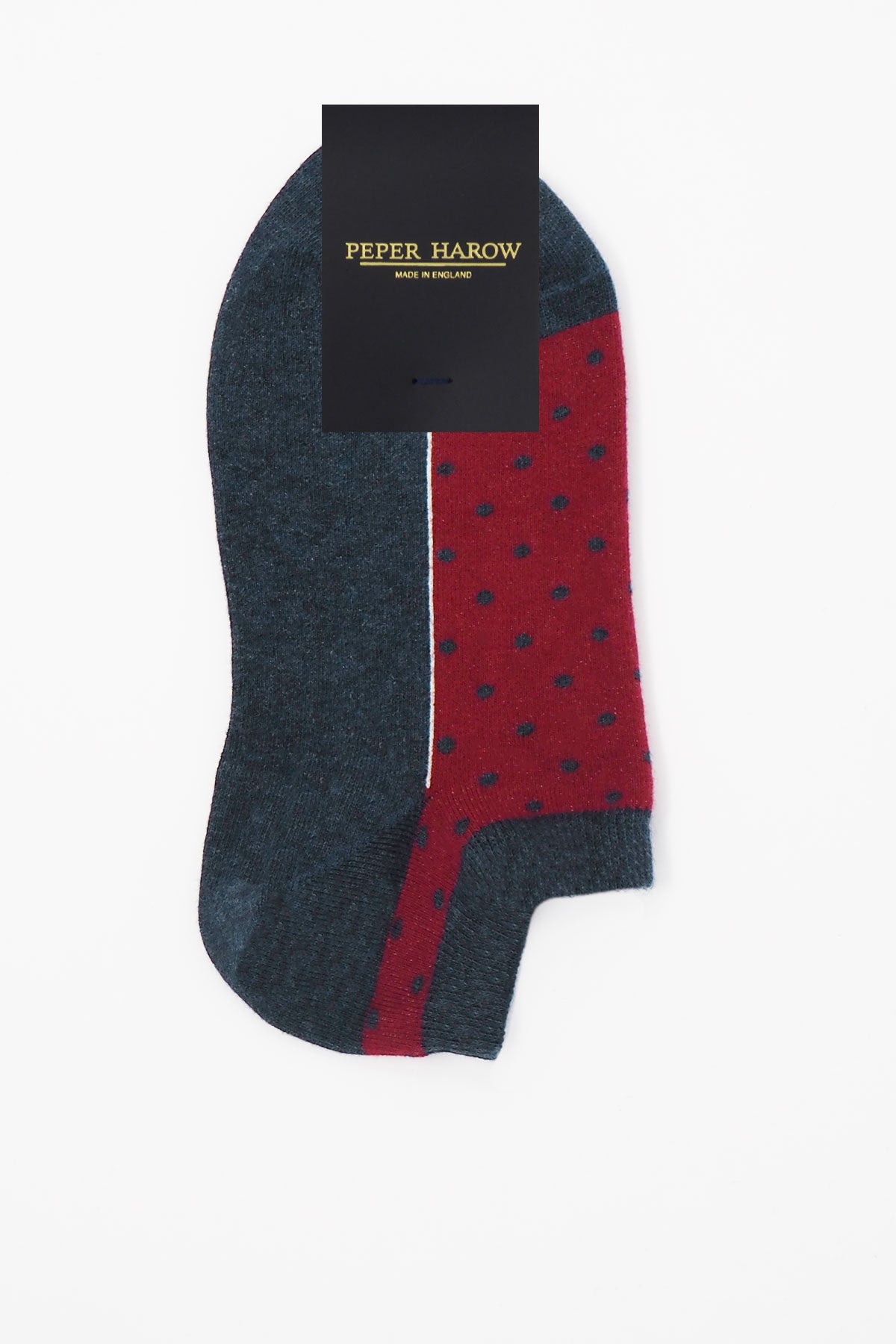 Polka Women's Organic Trainer Socks in Denim with cherry red and denim polka dot design, showcasing their soft texture and seamless toe.