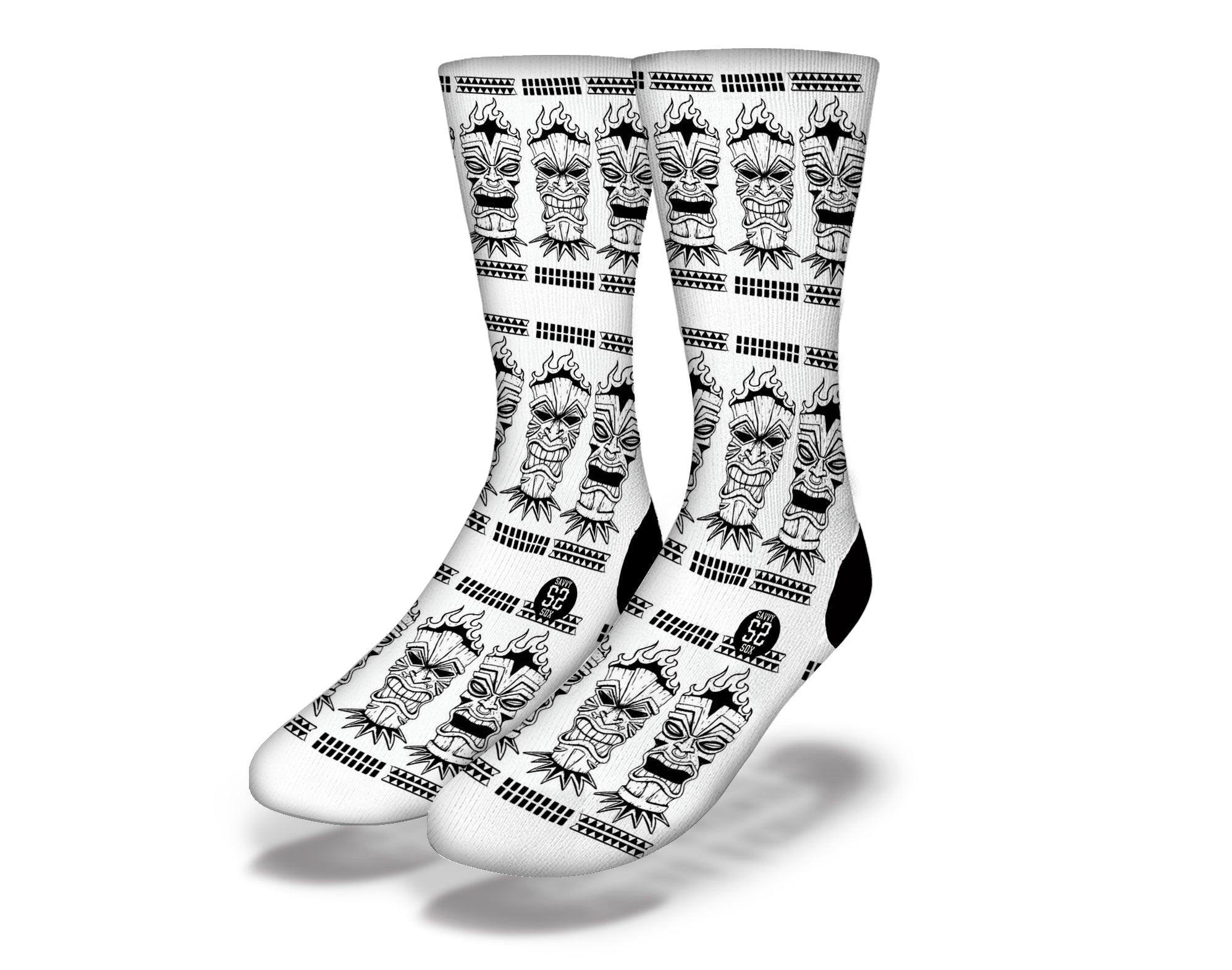 Polynesian Warrior Faces 3 Socks featuring intricate designs and vibrant colors, showcasing cultural heritage and style.