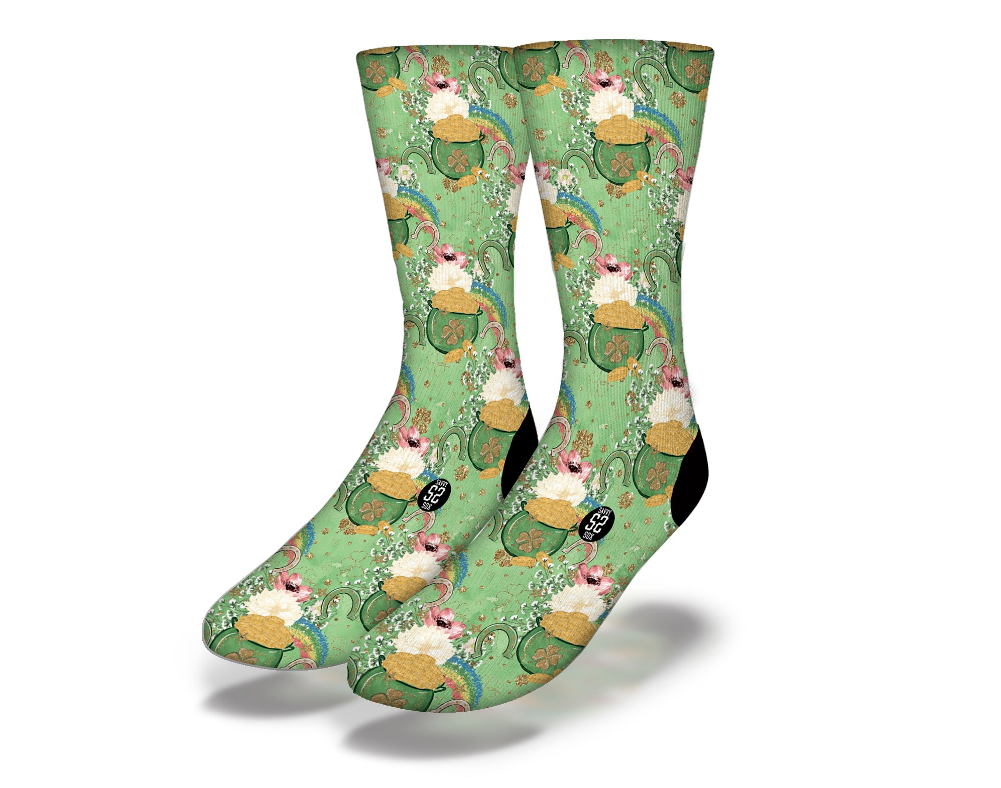 POT O' GOLD Fun St. Patrick's Day Socks featuring vibrant colors and playful designs of shamrocks and leprechauns.