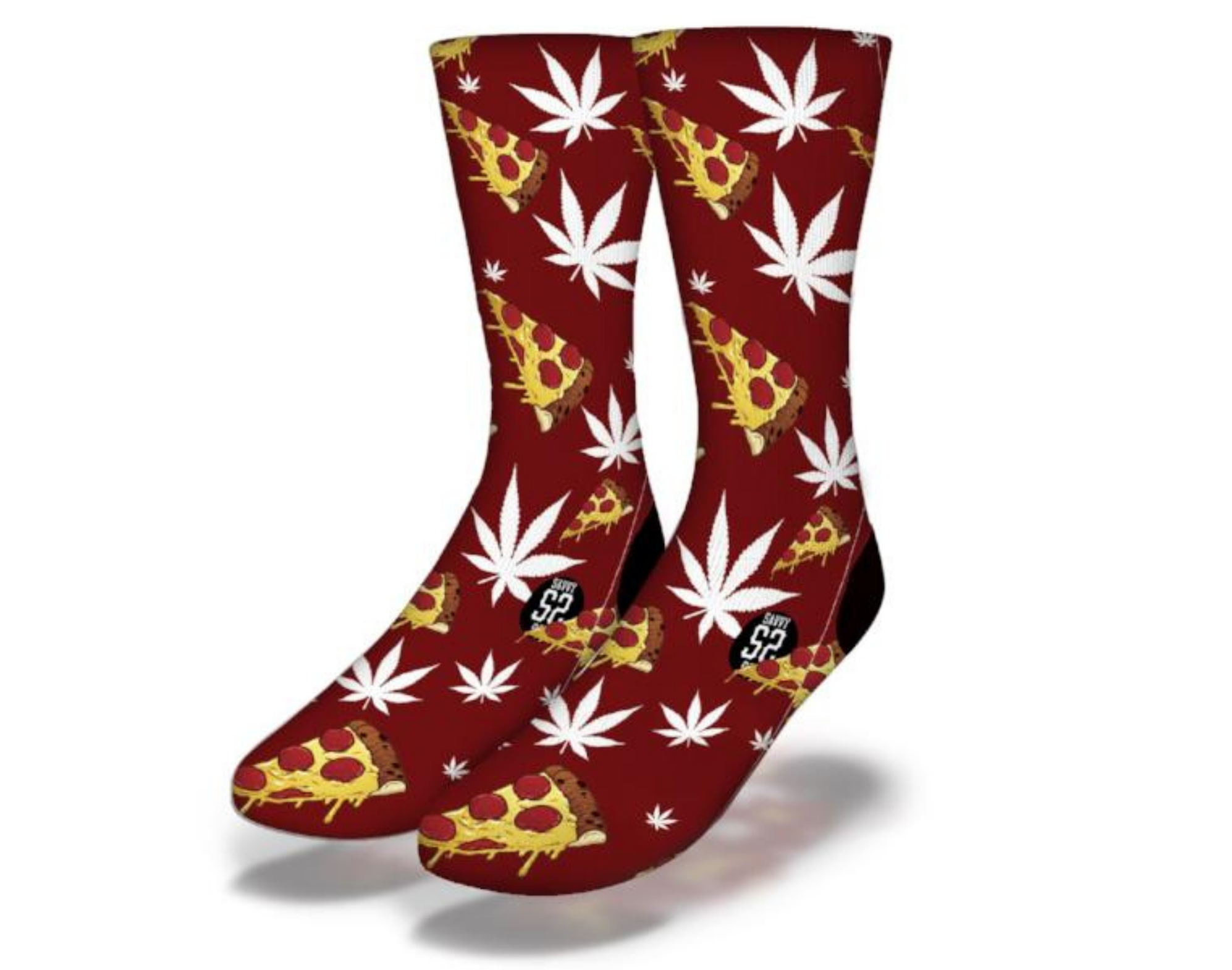 POT & PIZZA MUNCHIES Funny Weed Socks featuring vibrant pot leaf and pizza slice designs, perfect for stoners.