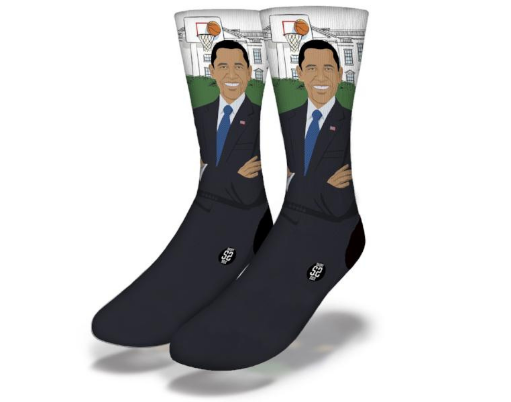 PRESIDENT OBAMA WHITE HOUSE B-BALL socks featuring a cartoon of Obama playing basketball, colorful and humorous design.