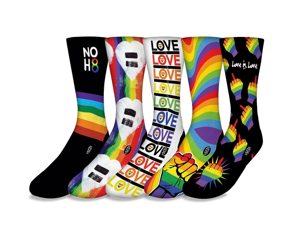 A colorful bundle of five Pride-themed socks showcasing vibrant designs celebrating diversity and inclusivity.