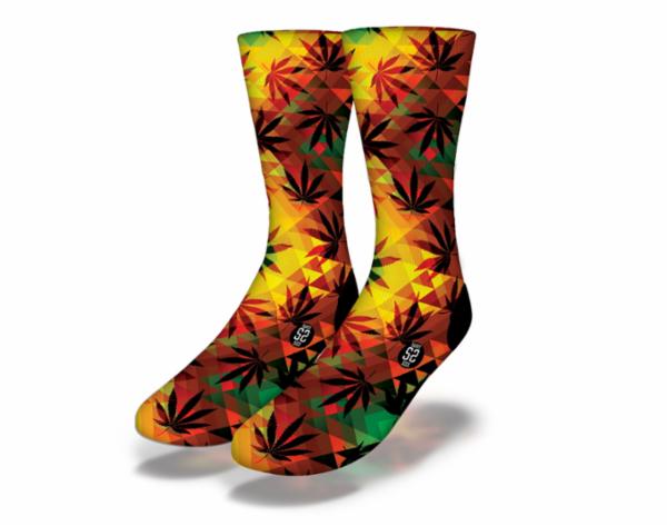 Colorful PSYCHEDELIC WEED GEOMETRY Fun Weed Socks featuring geometric patterns and cannabis motifs.