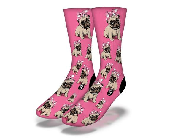 PUG PUPPY LOVE IN PINK Fun Dog Socks featuring fluffy puppies and ribbons, perfect for pet lovers.