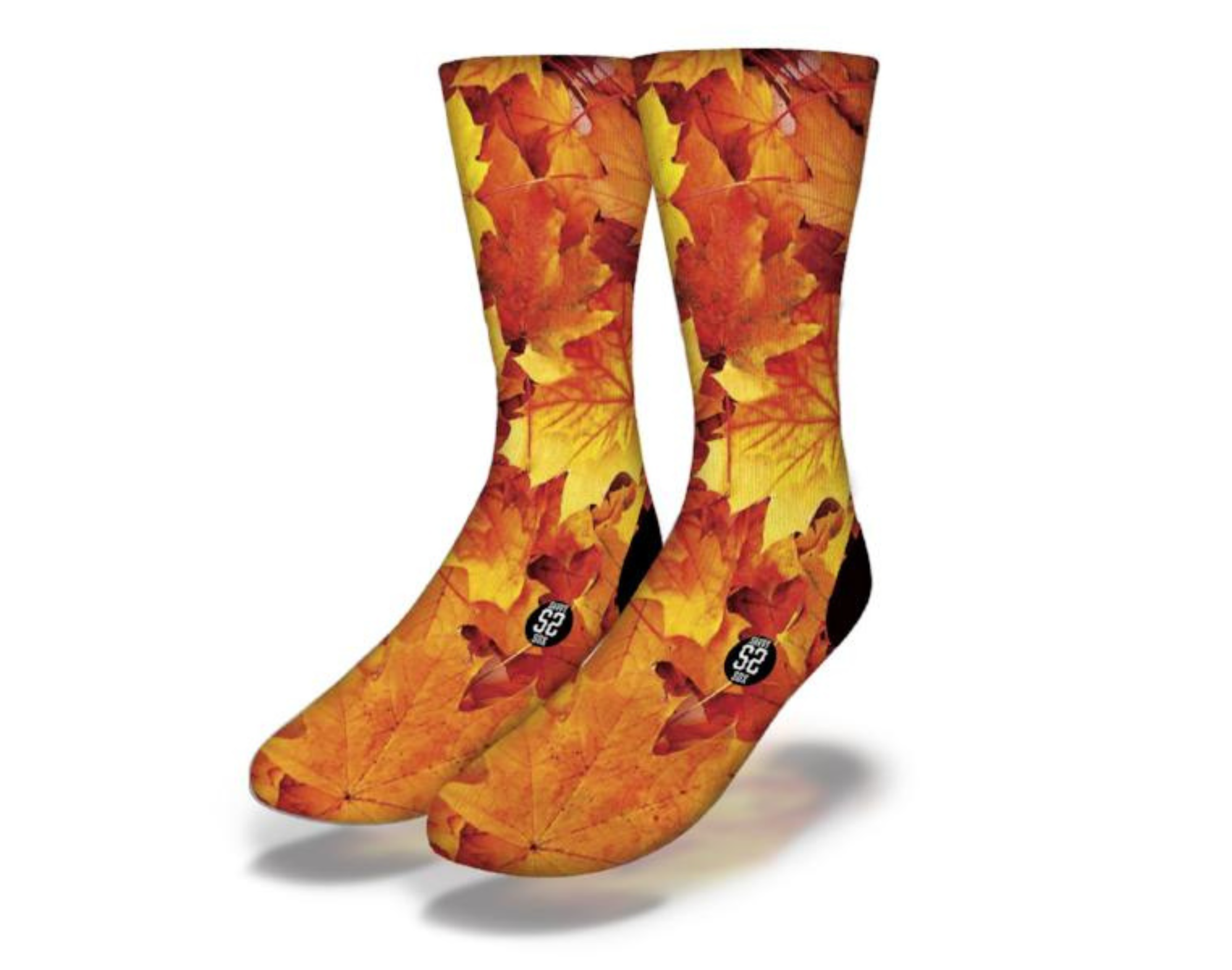 A pair of Pumpkin Spice Autumn Leaves Fall Themed Socks featuring vibrant autumn colors and playful leaf designs, perfect for Thanksgiving.