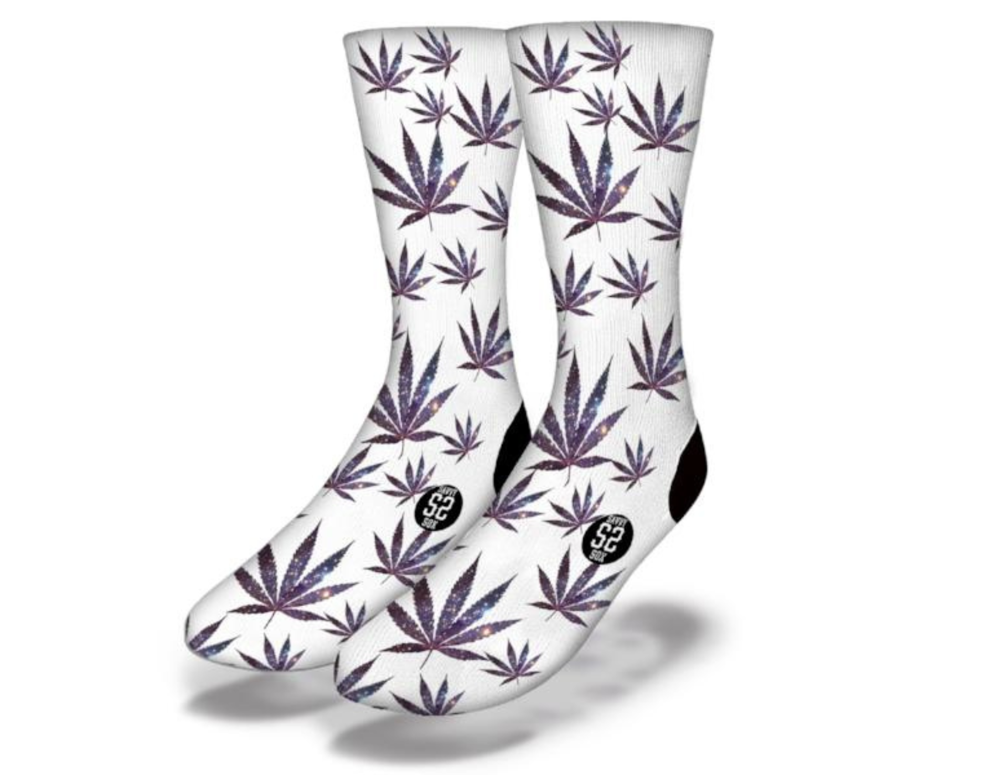 White socks with leaf pattern.