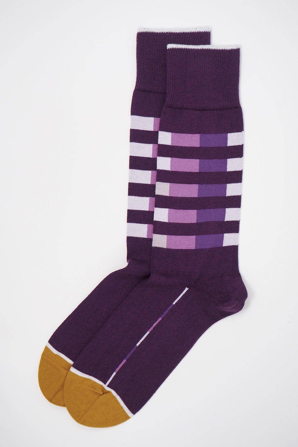 Purple Quad Stripe men's luxury socks made from Supima cotton, featuring vibrant multi-hued stripes and a seamless toe design.