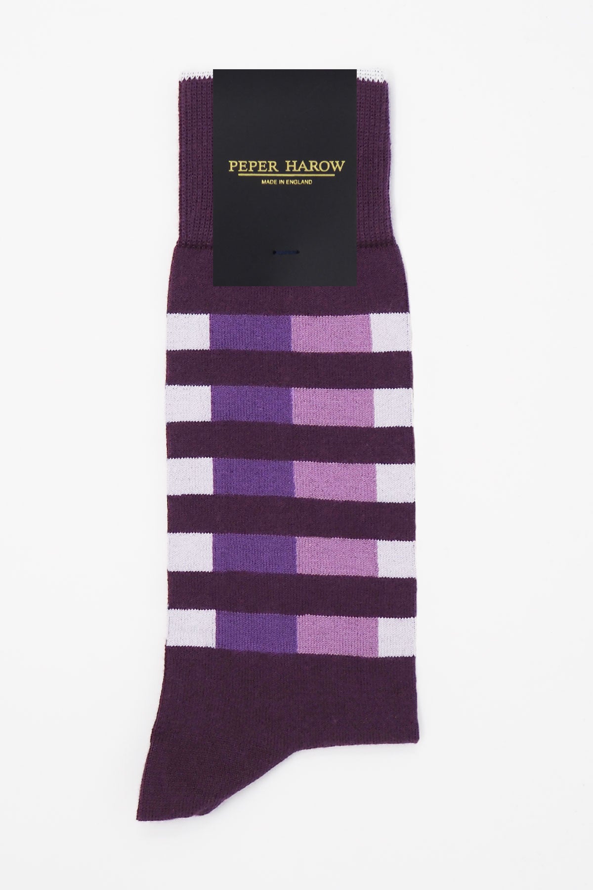 Purple Quad Stripe men's luxury socks made from Supima cotton, featuring vibrant multi-hued stripes and a seamless toe design.