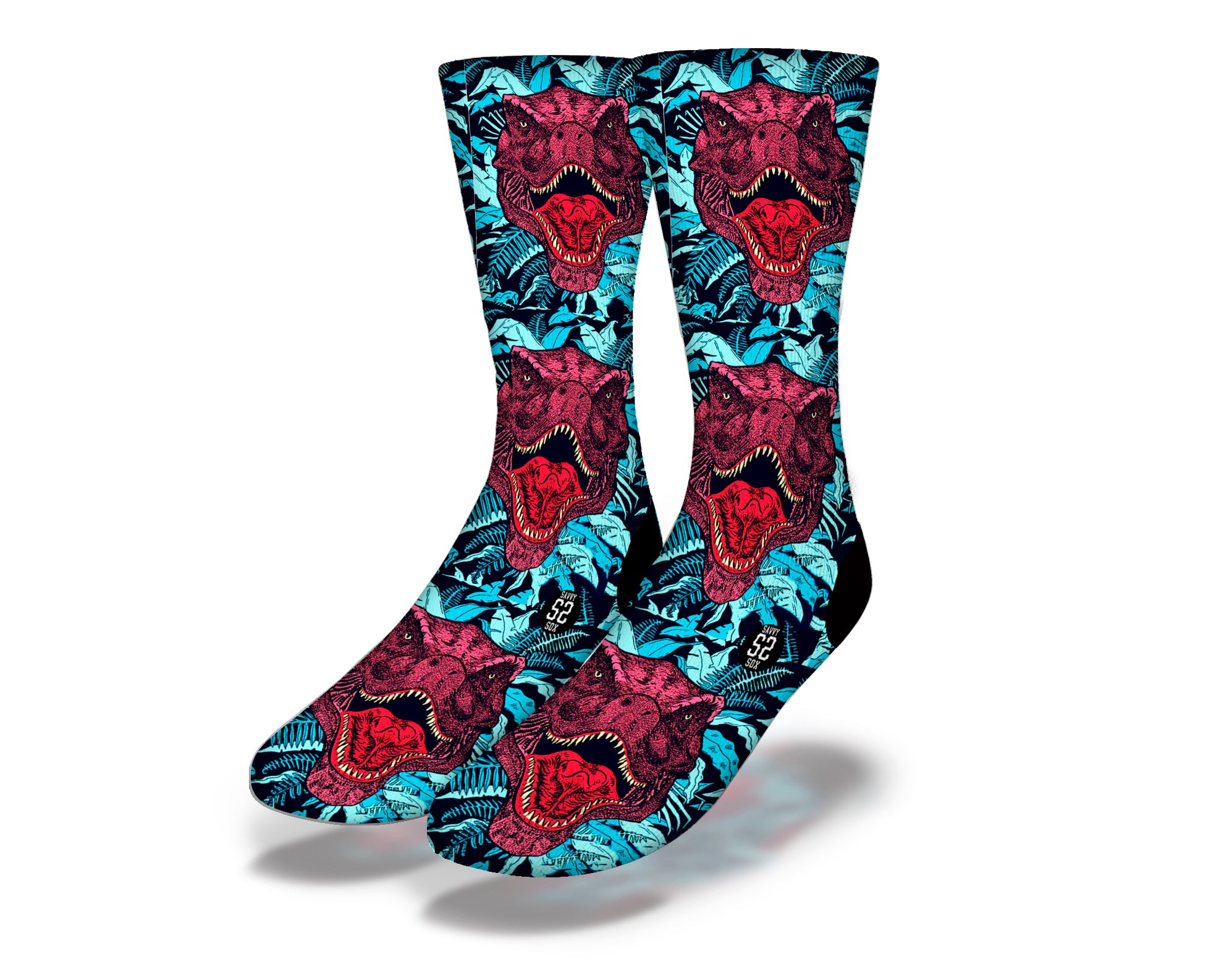 A pair of vibrant red socks featuring playful T-Rex faces, perfect for dinosaur lovers and fun sock enthusiasts.