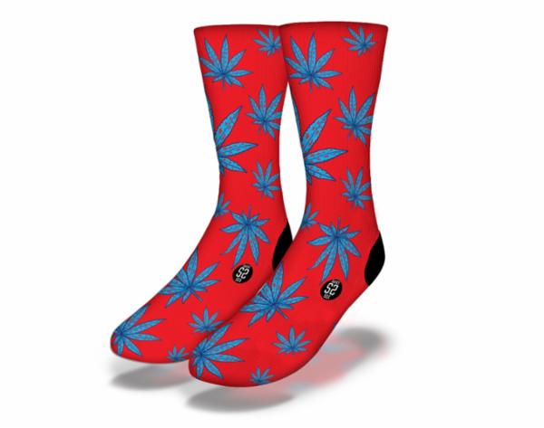 A pair of vibrant red and blue socks featuring a pot leaf pattern, perfect for 420-friendly stoners.