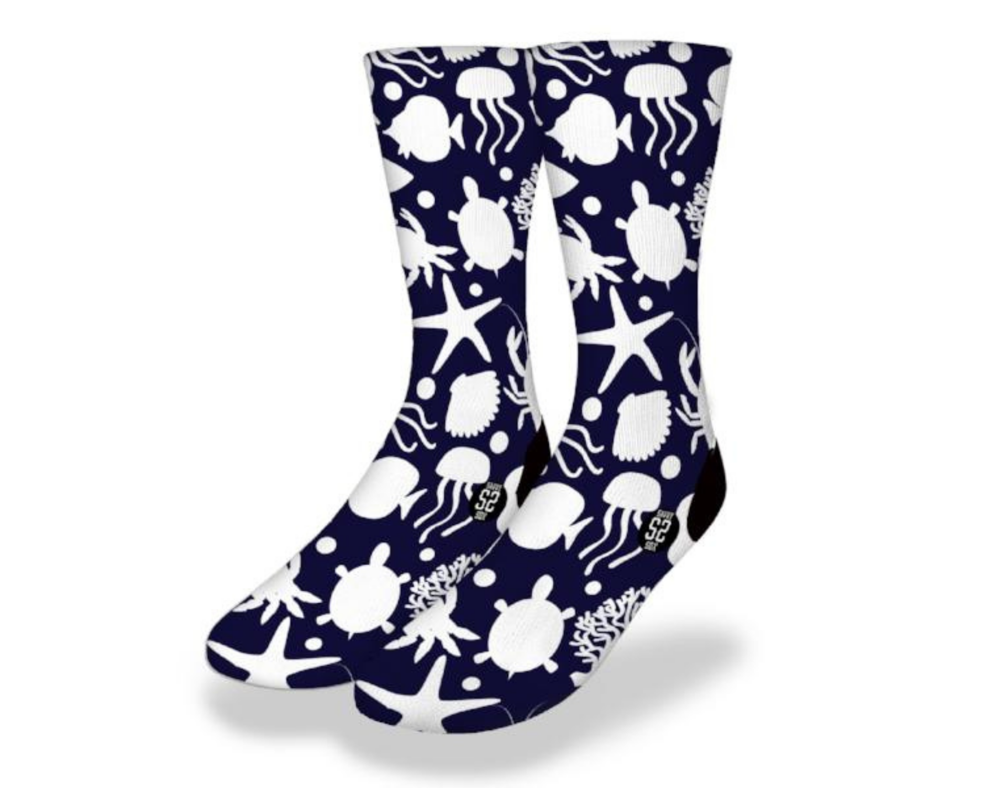 REEF LIFE BLACK & WHITE Fun Fish Socks featuring starfish, crabs, jellyfish, turtles, and clown fish in a playful design.