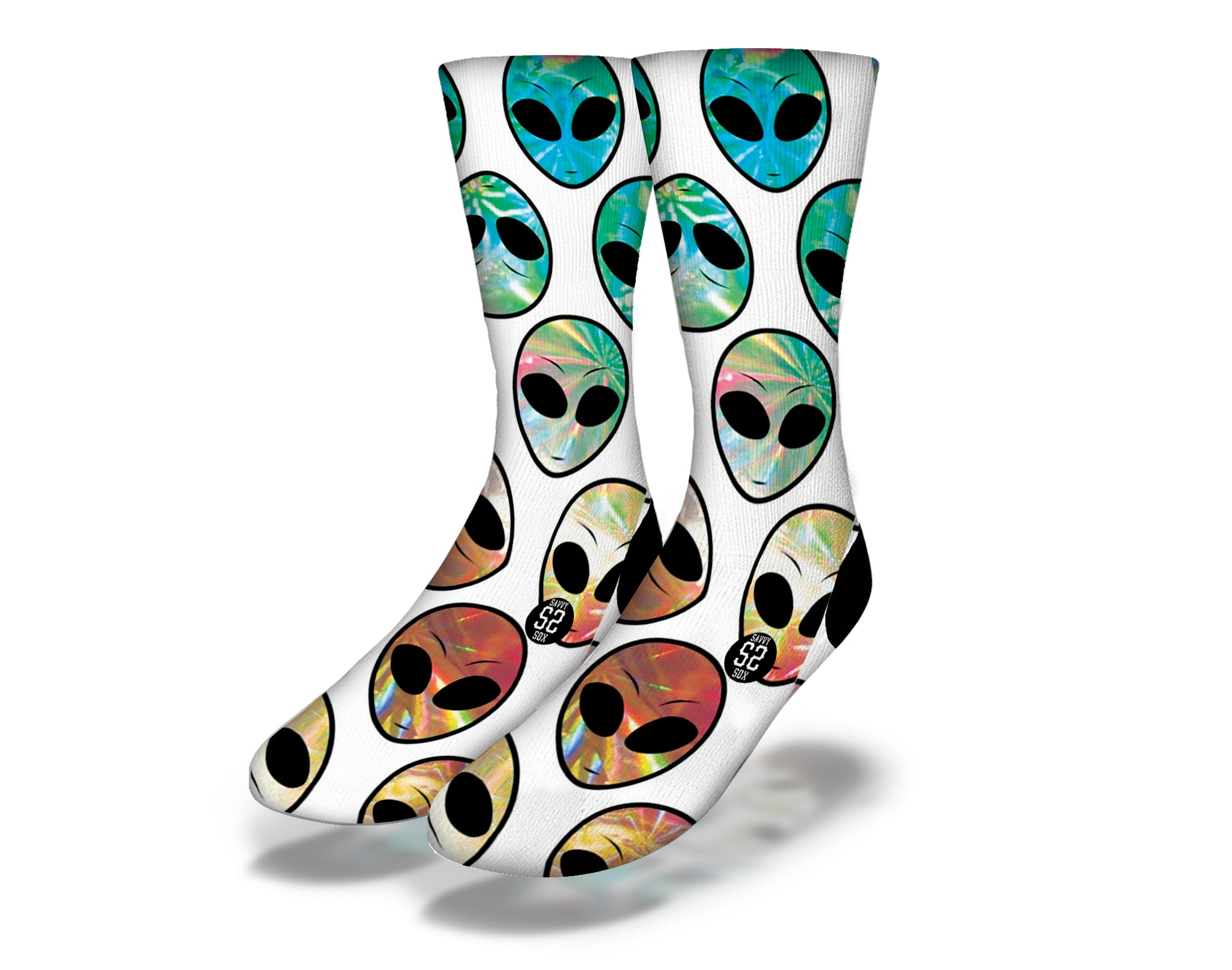 A pair of stylish Reflective Alien Socks featuring a vibrant alien design and reflective material for enhanced visibility.