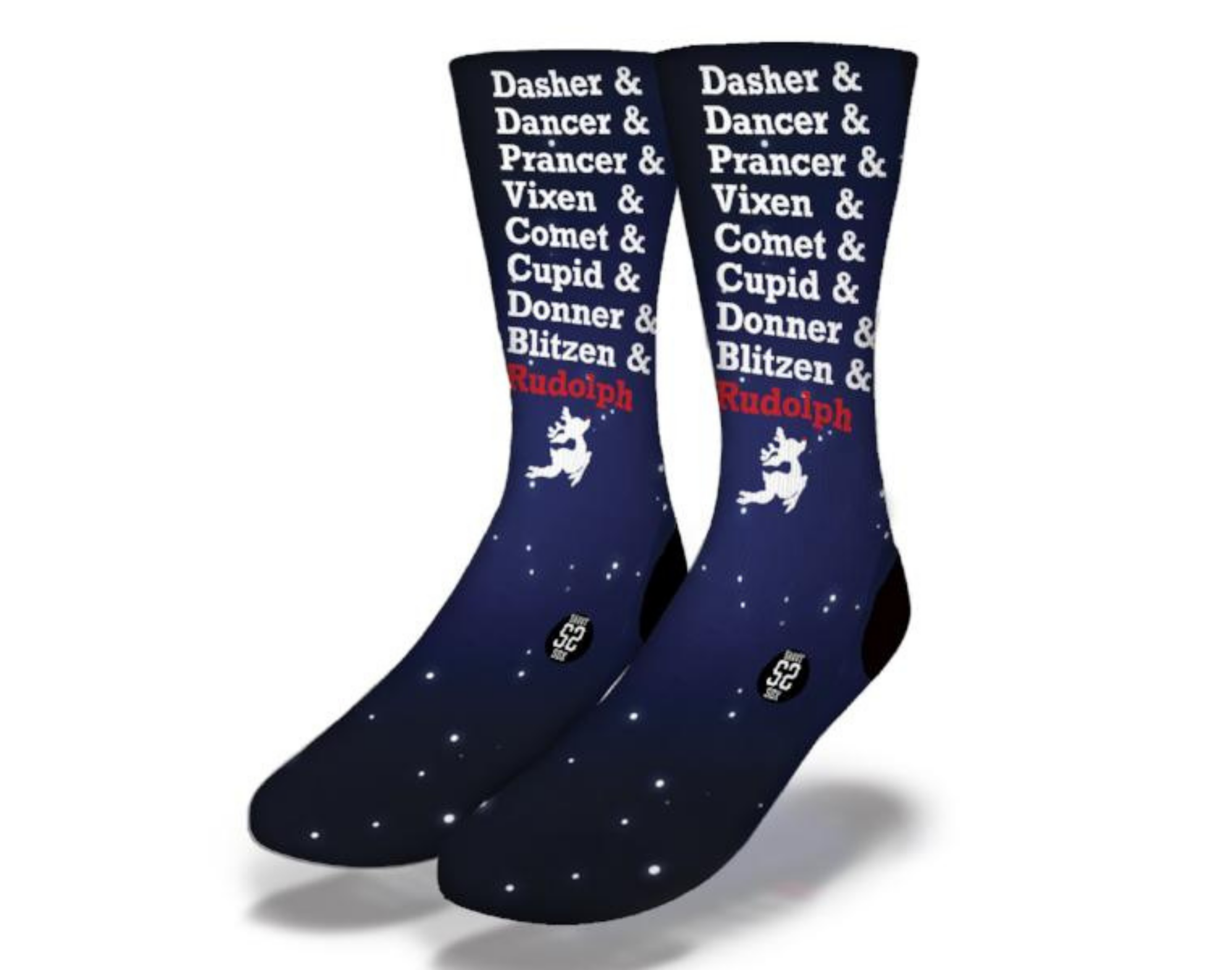 A pair of festive REINDEER NAMES Fun Christmas Carol Socks featuring playful reindeer designs, perfect for holiday celebrations.