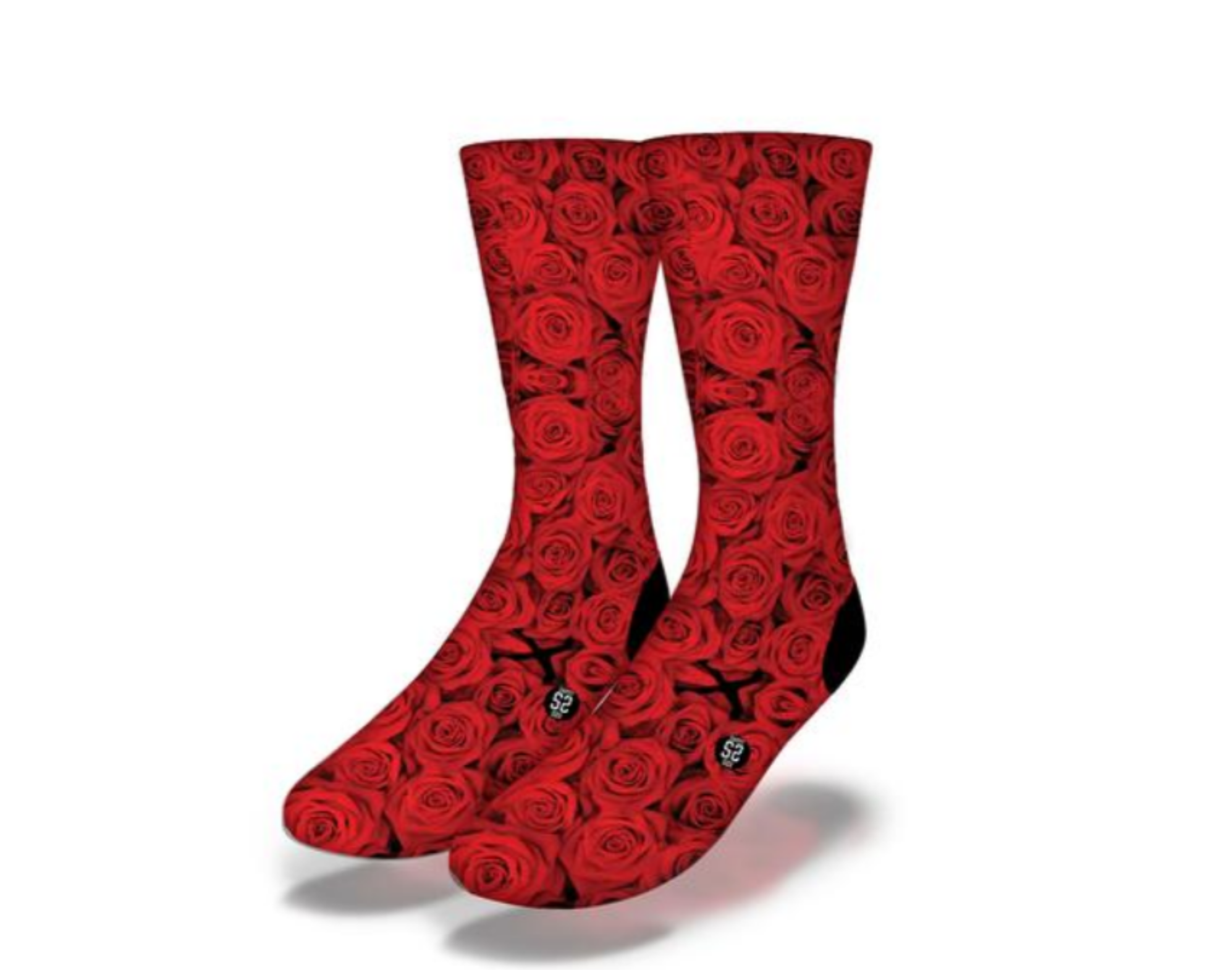 A pair of Romantic Valentine's Day socks featuring a vibrant red rose bouquet design, perfect for gifting.