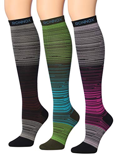 Ronnox Compression Socks featuring colorful patterns, knee-high design for men and women, ideal for comfort and support.