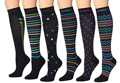 Ronnox Compression Socks featuring colorful patterns, knee-high design for men and women, ideal for comfort and support.